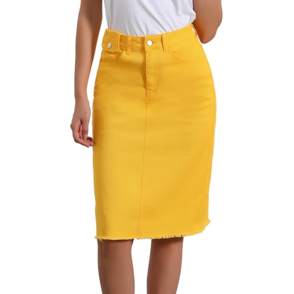 DARING DIVA Women's Jean Back Vent Midi Length Denim Skirts XS Ginger Yellow