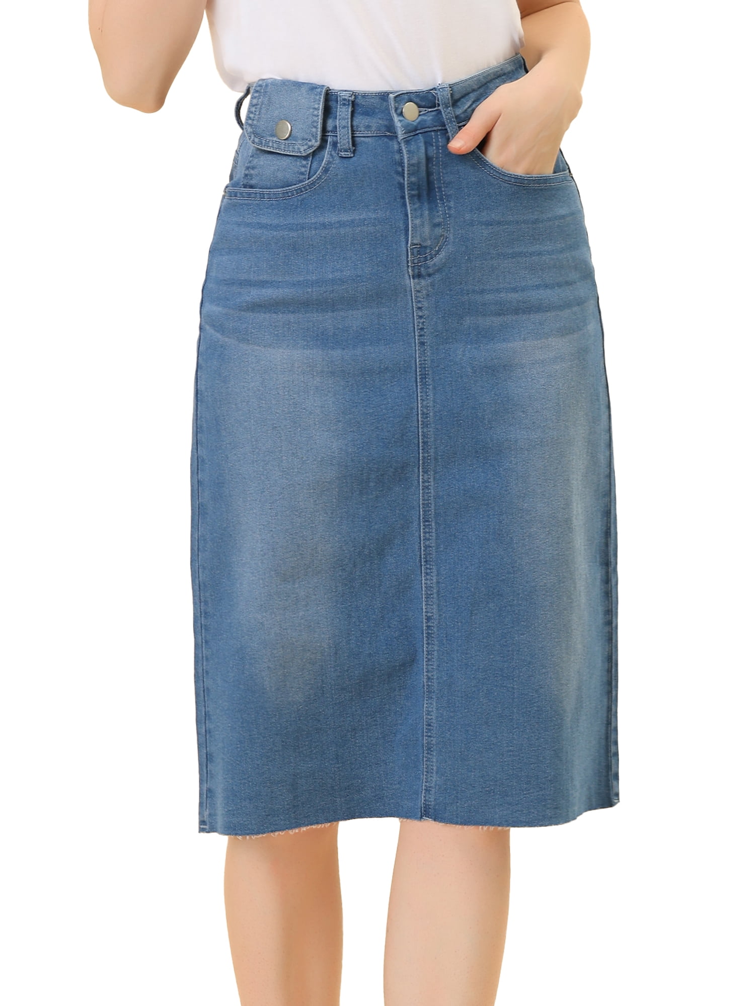 DARING DIVA Women's Jean Back Vent Midi Length Denim Skirts XS Jean Blue