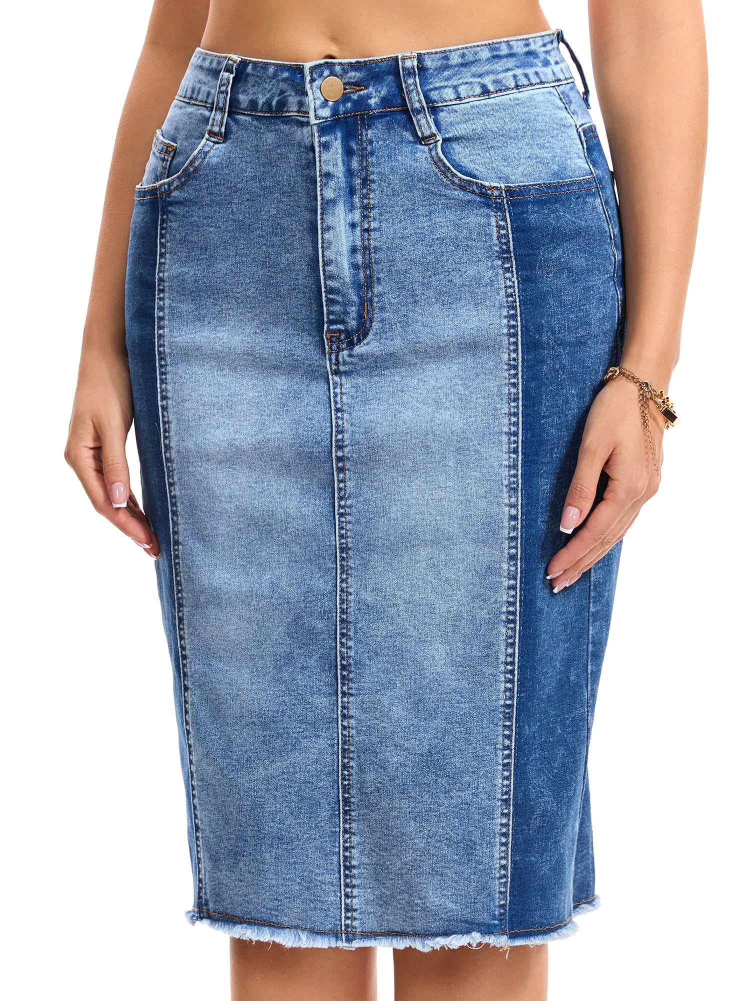 DARING DIVA Women's Jean Color Block Patchwork Slit Back Denim Skirt M Blue