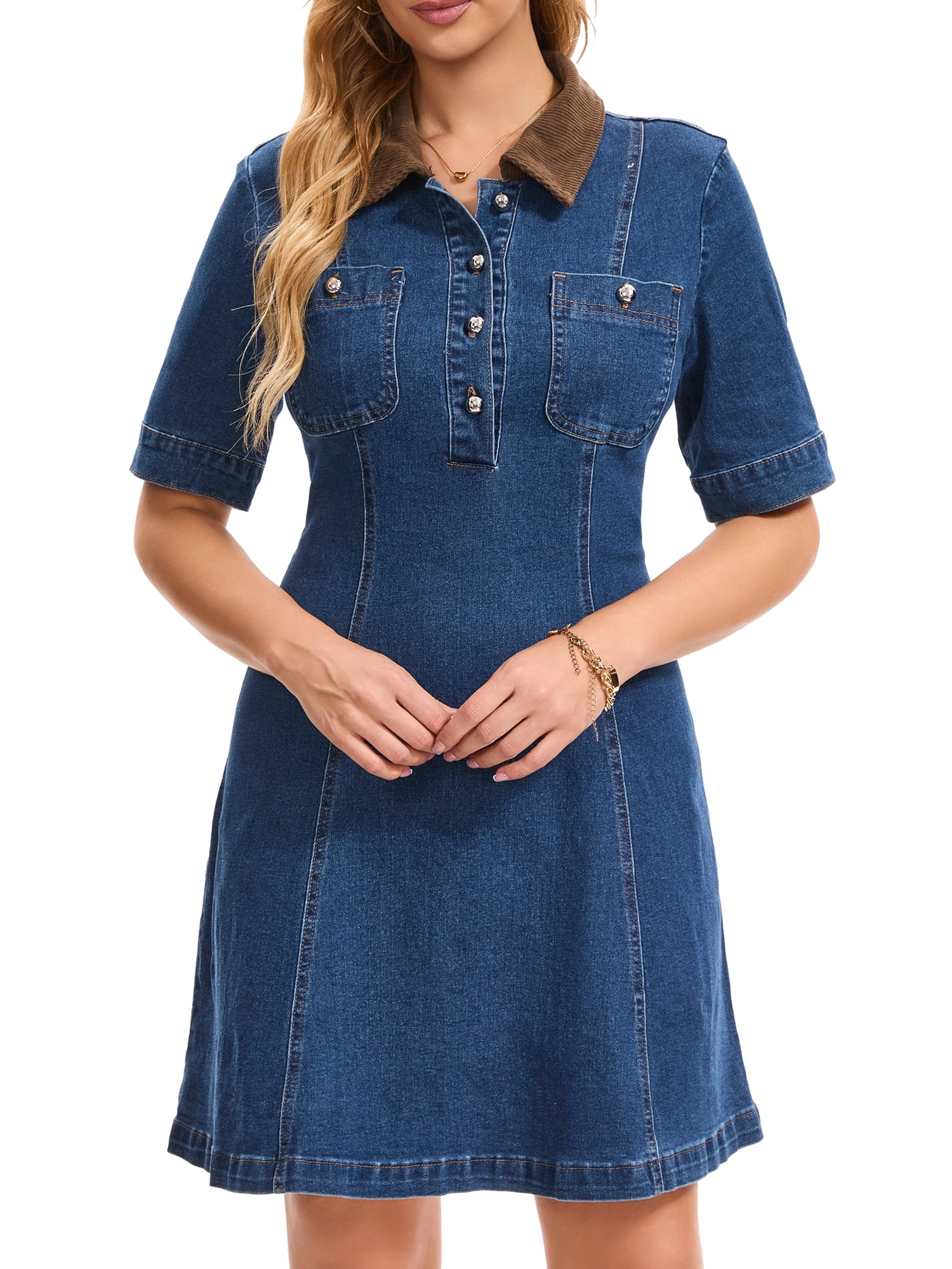 DARING DIVA Women's Jean Dresses Collared Button Sleeve Fit and Denim Dress S Blue