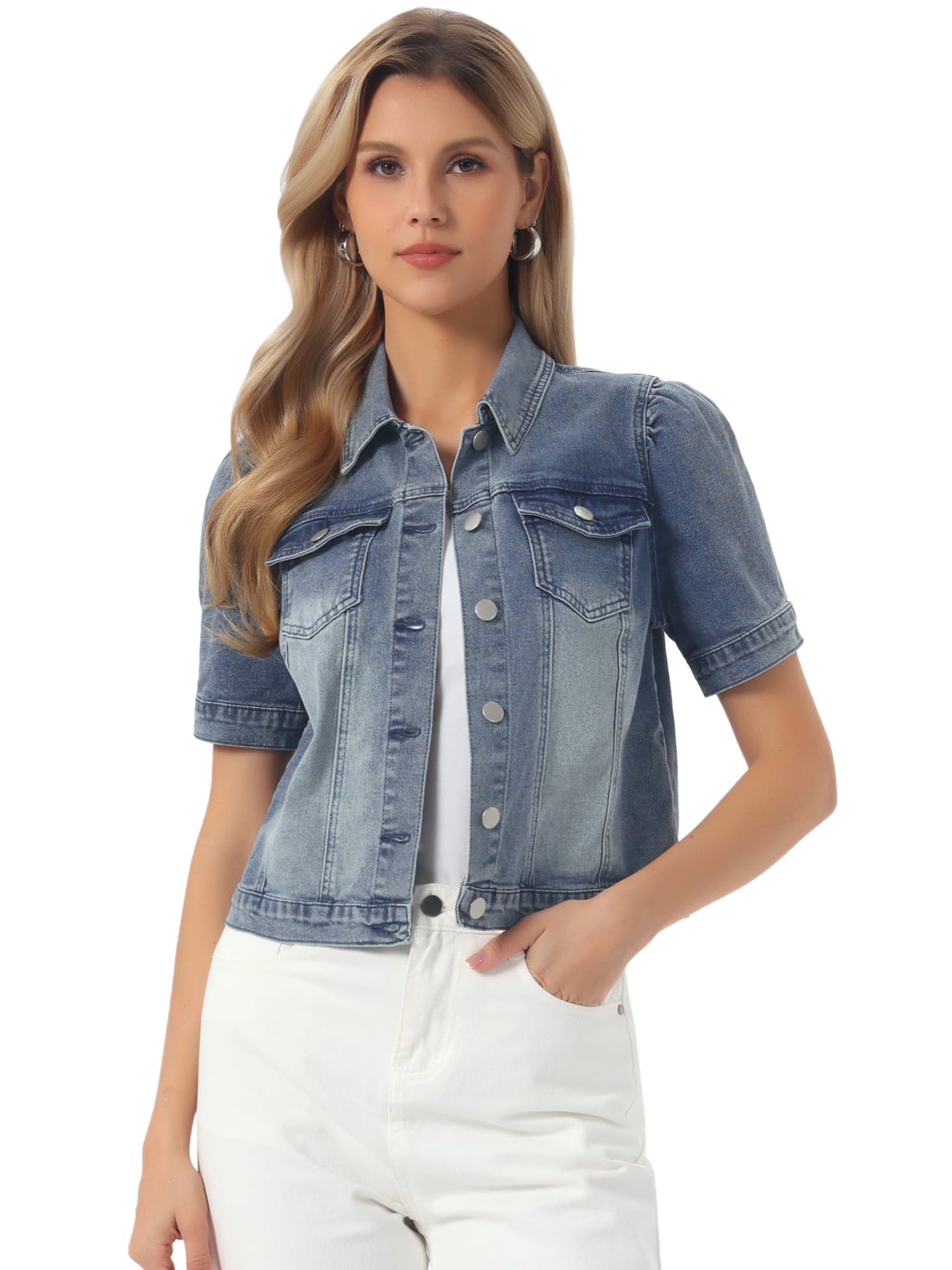 DARING DIVA Women's Jean Jacket Short Puff Sleeves Button-Down Denim Jacket S Gray Blue