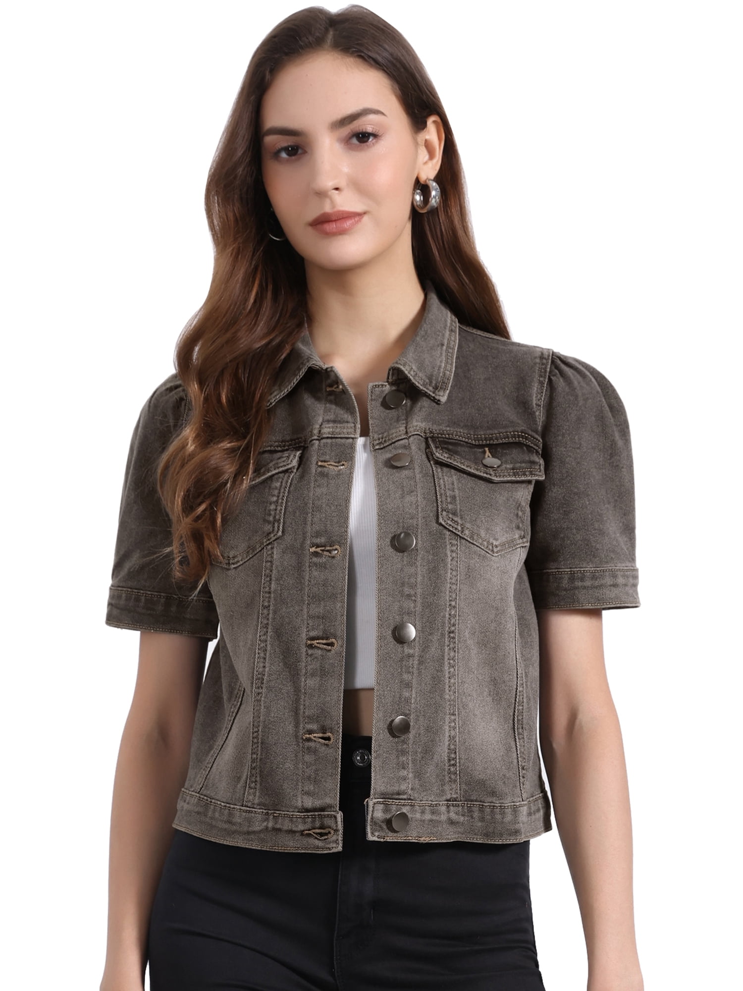 DARING DIVA Women's Jean Jacket Short Puff Sleeves Button-Down Denim Jacket S Gray
