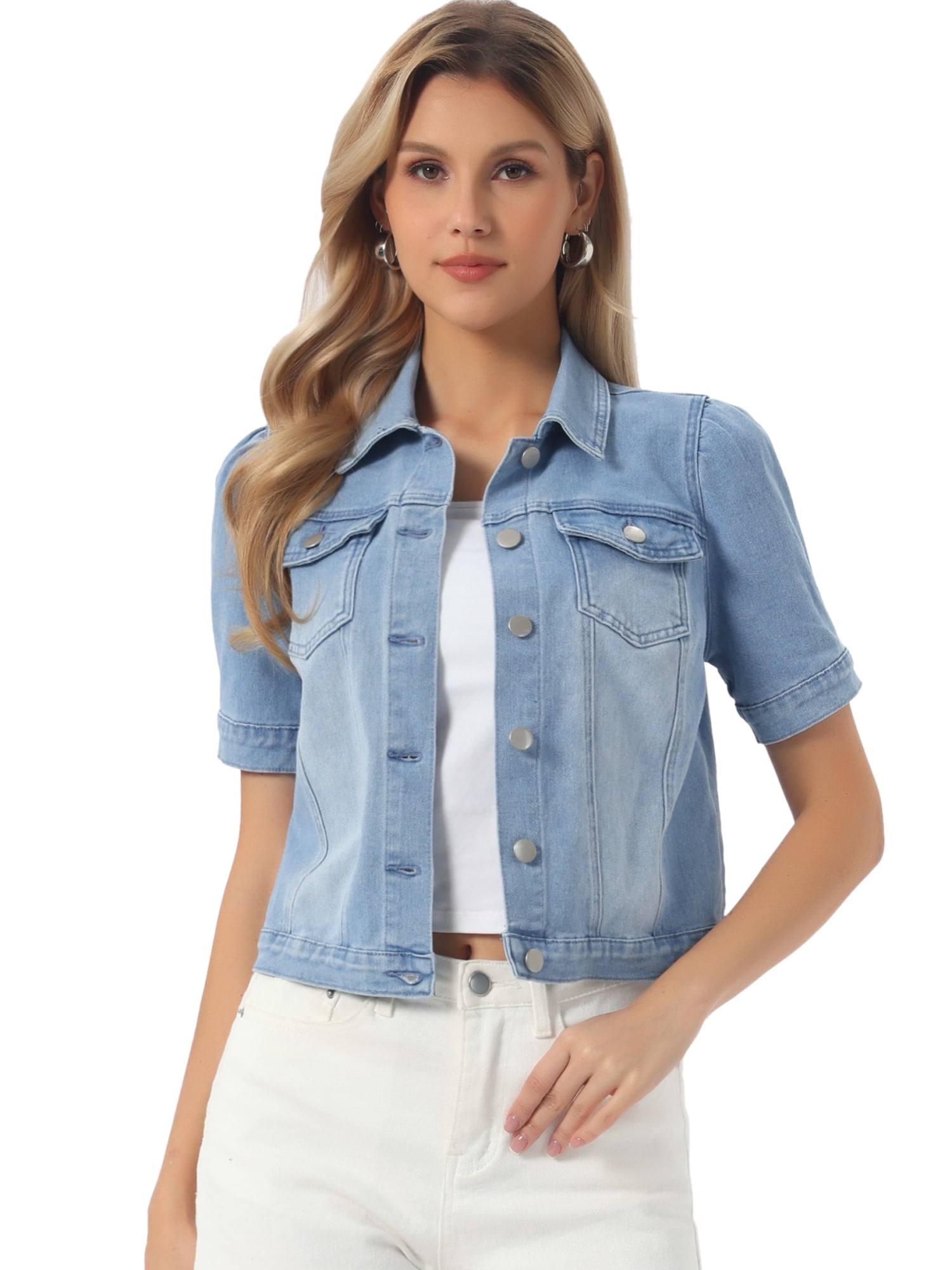 DARING DIVA Women's Jean Jacket Short Puff Sleeves Button-Down Denim Jacket S Light Blue