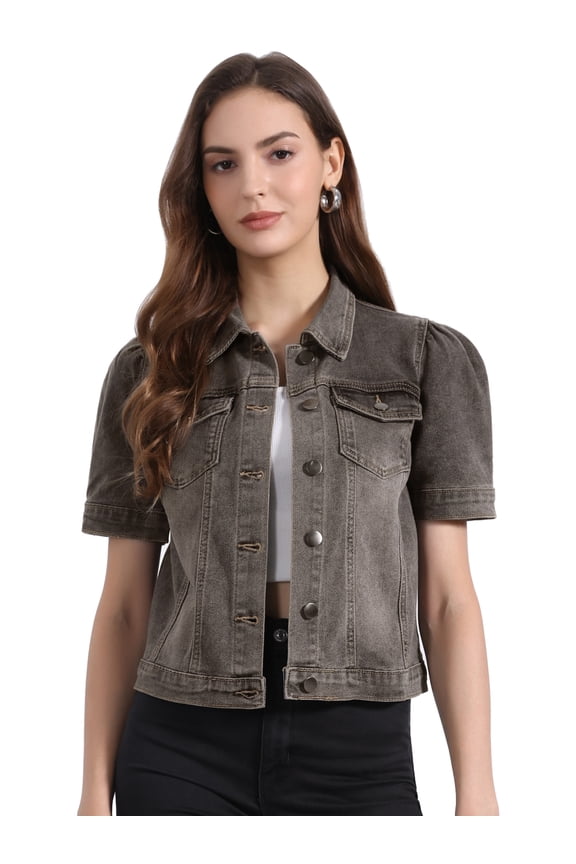Women's Jean Jacket Short Puff Sleeves Button-Down Denim Jacket XL Gray
