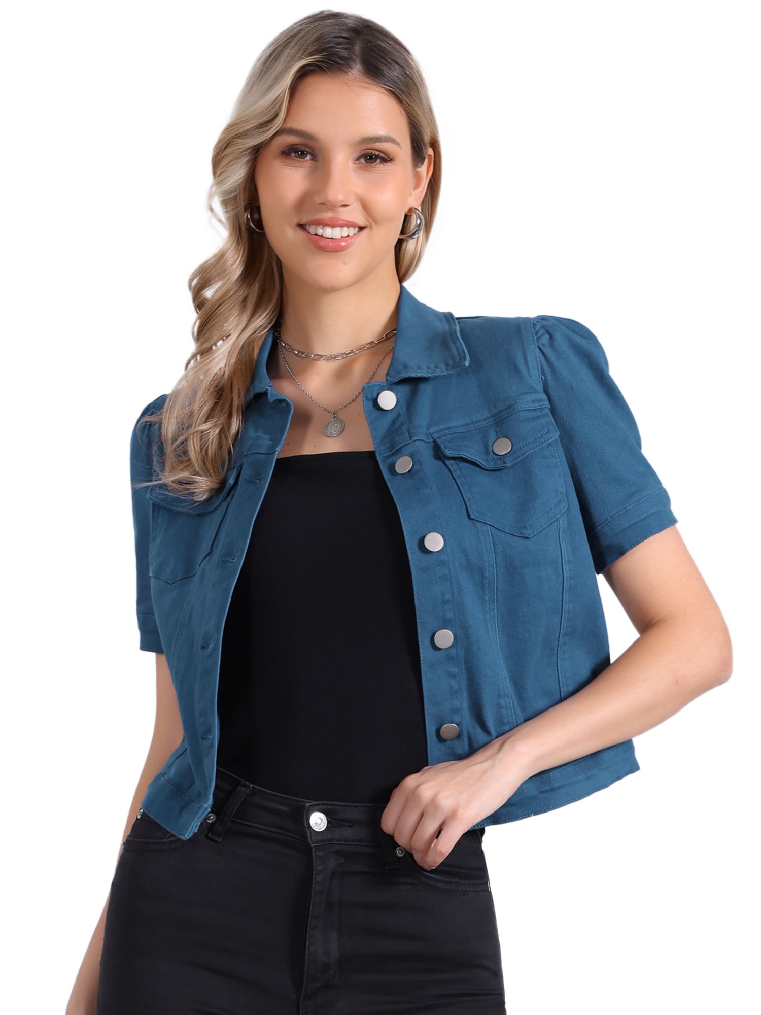DARING DIVA Women's Jean Short Puff Sleeves Button-Down Denim Jacket L Denim Blue