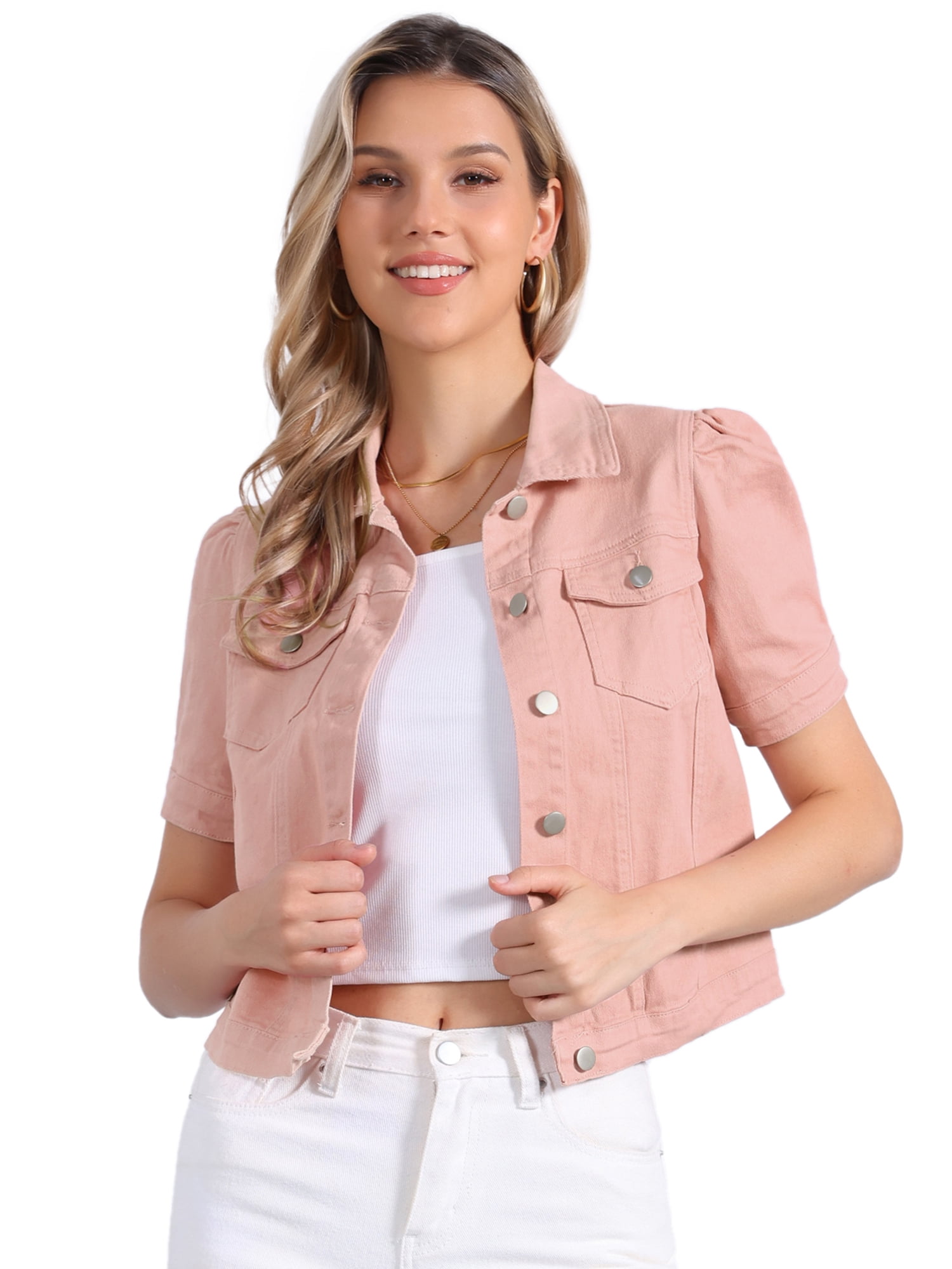 DARING DIVA Women's Jean Short Puff Sleeves Button-Down Denim Jacket XS Light Pink