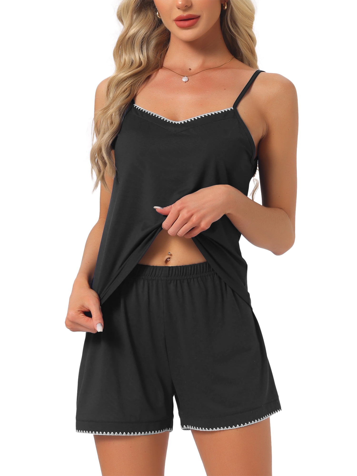 DARING DIVA Women's Jersey Knit V Neck Soft Casual Sleeveless Pajama Sets M Black