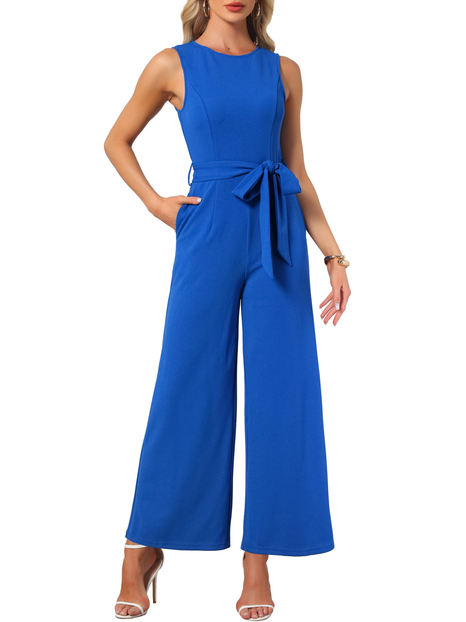 DARING DIVA Women's Jumpsuit Sleeveless Crew Neck Outfits Belted Wide Leg Pants XL Blue