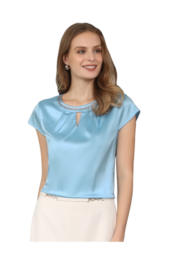 Women's Keyhole Blouse Cap Sleeve Sparkly Chain Neck Rhinestone 2XL Blue