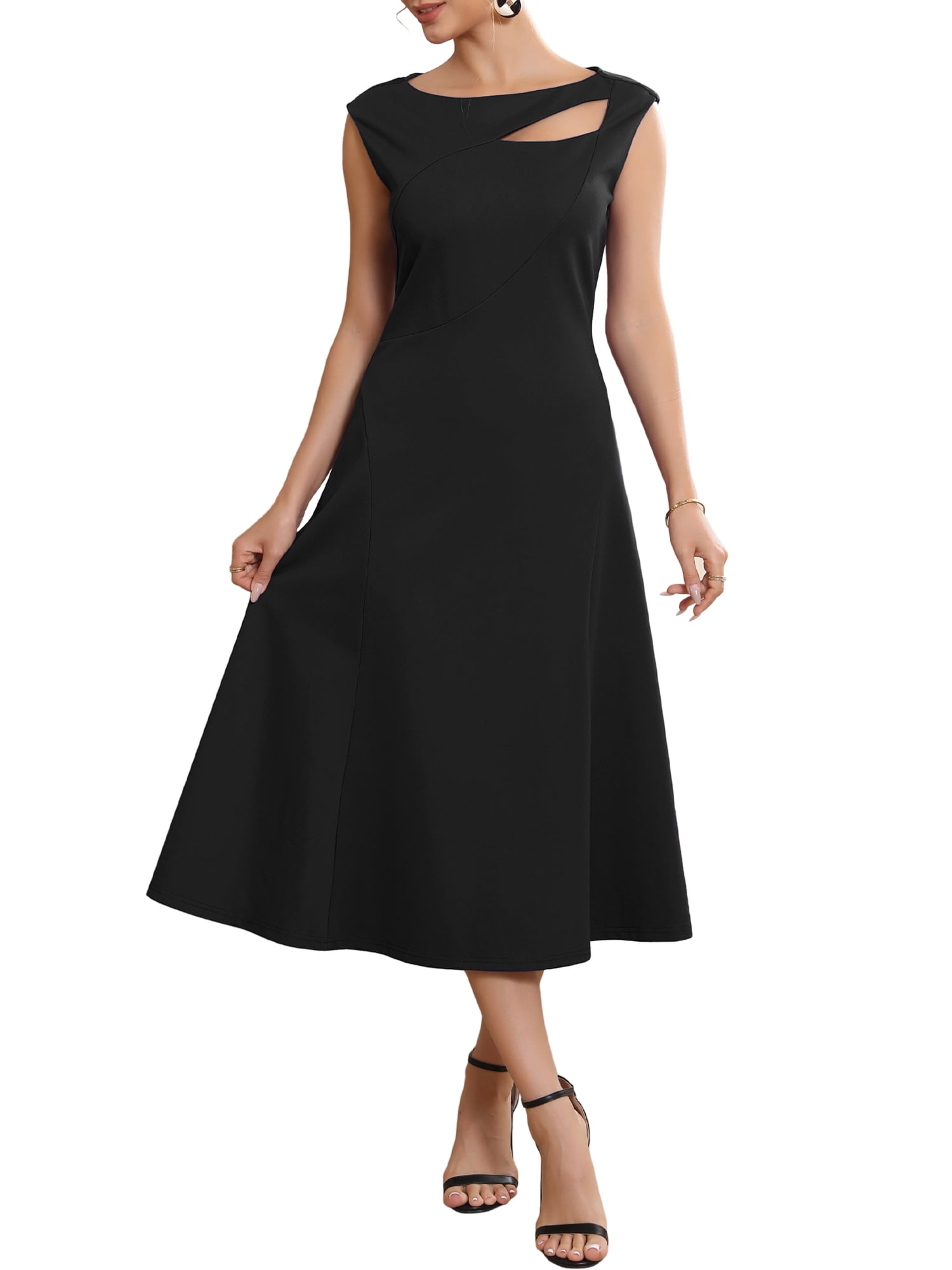 DARING DIVA Women's Keyhole Neck Cut Out Sleeveless Flared Dresses M Black