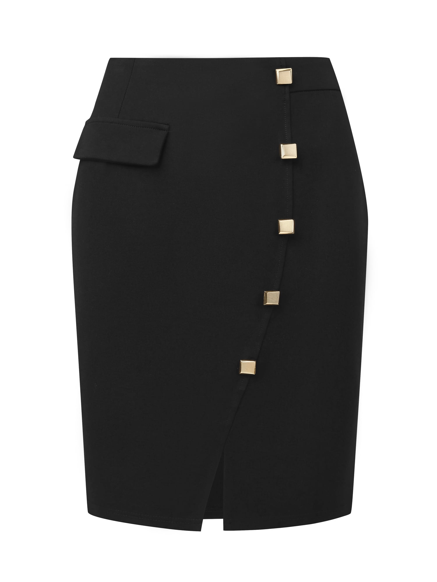 DARING DIVA Women's Knee Length Skirt Button Decor Slit Pencil Skirts Small Black