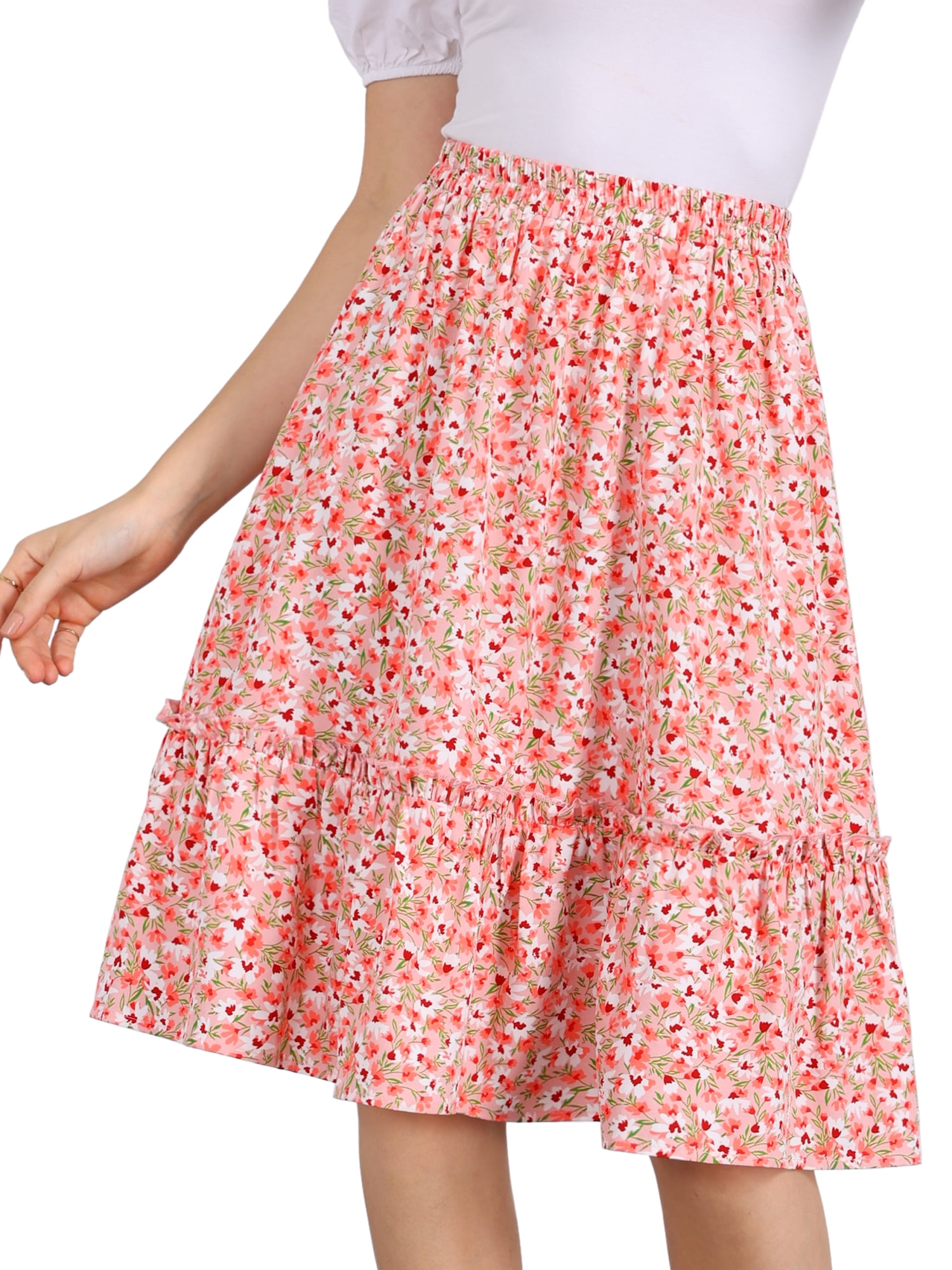 DARING DIVA Women's Knee Length Floral Elastic Waist Tiered Ruffle Skirt L Light Pink