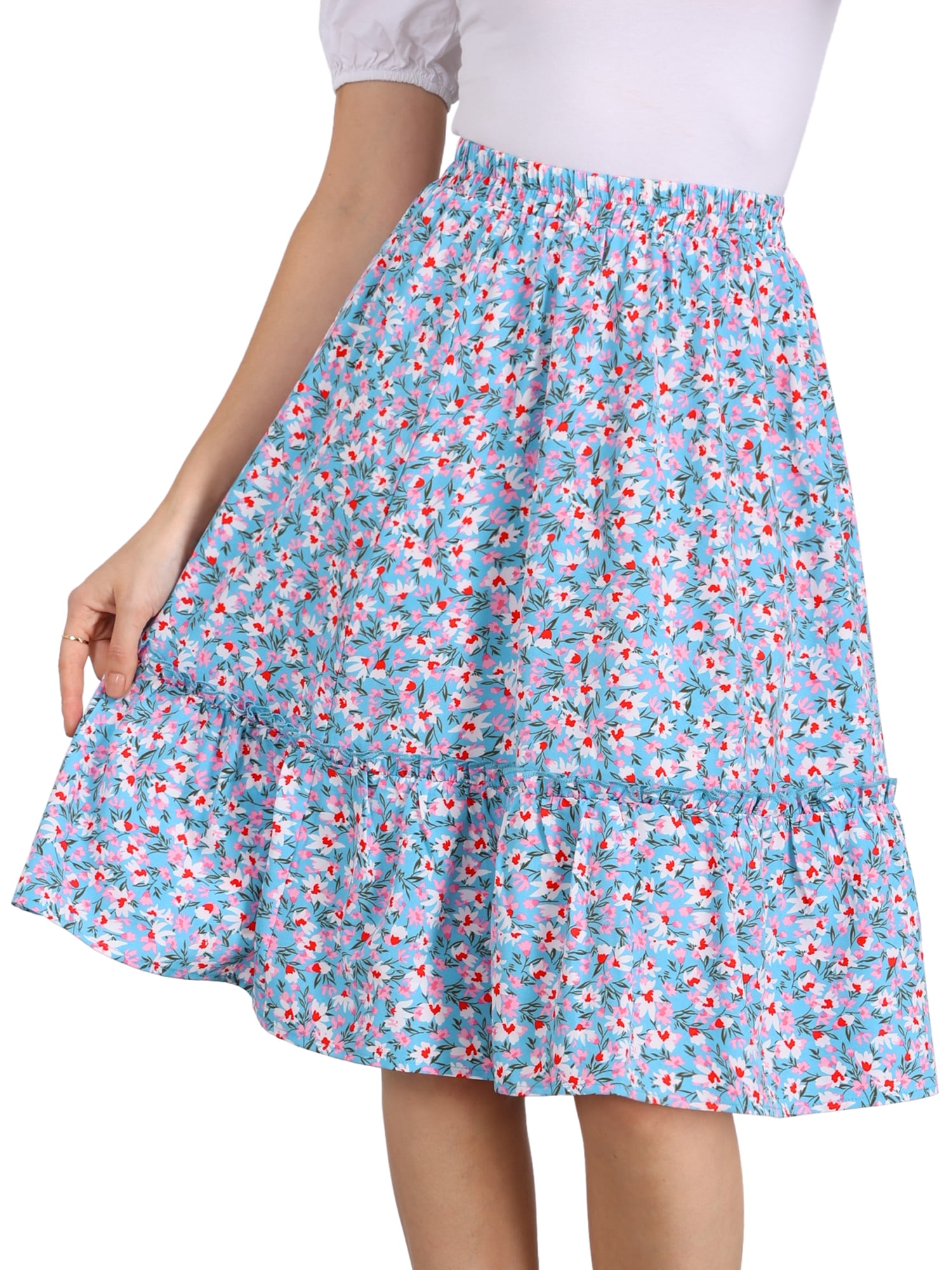DARING DIVA Women's Knee Length Floral Elastic Waist Tiered Ruffle Skirt M Sky Blue