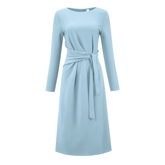 DARING DIVA Women's Knee Length Long Sleeve Tie Waist Work Sheath Dress M Light Blue