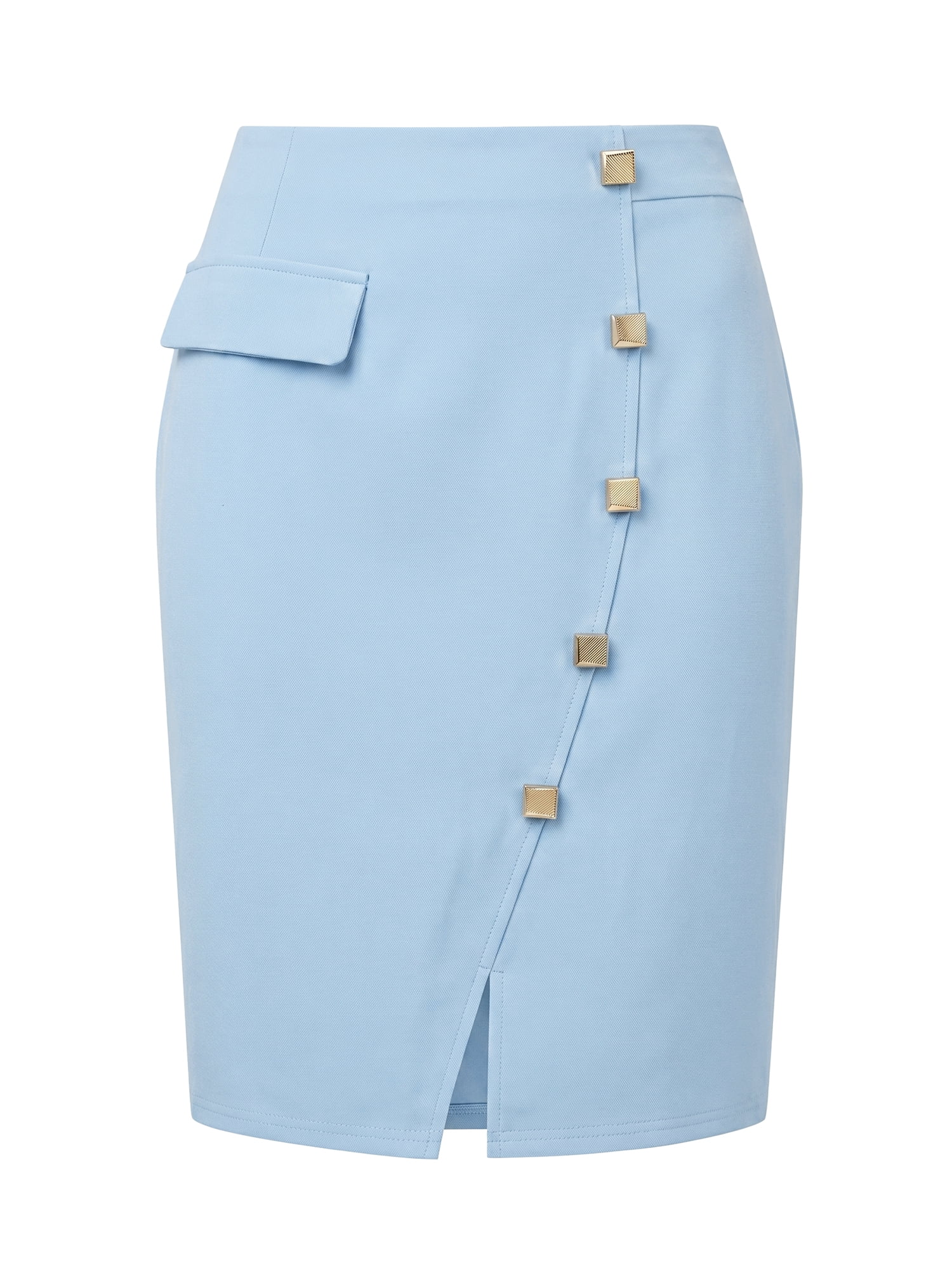 DARING DIVA Women's Knee Length Skirt Button Decor Slit Pencil Skirts M Sky Blue