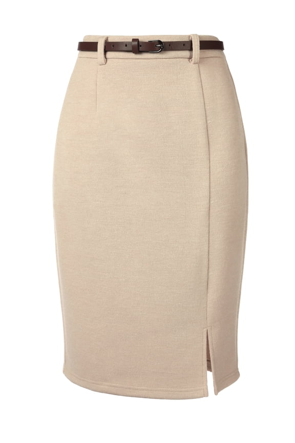 Women's Knee Length Skirt with Slit and Belt X-Large Khaki