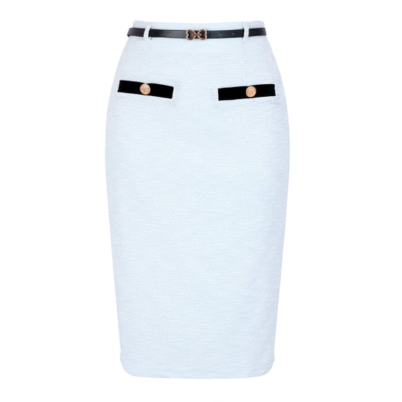 DARING DIVA Women's Knee Length Tweed Skirt with Belt Decor Large Light Blue