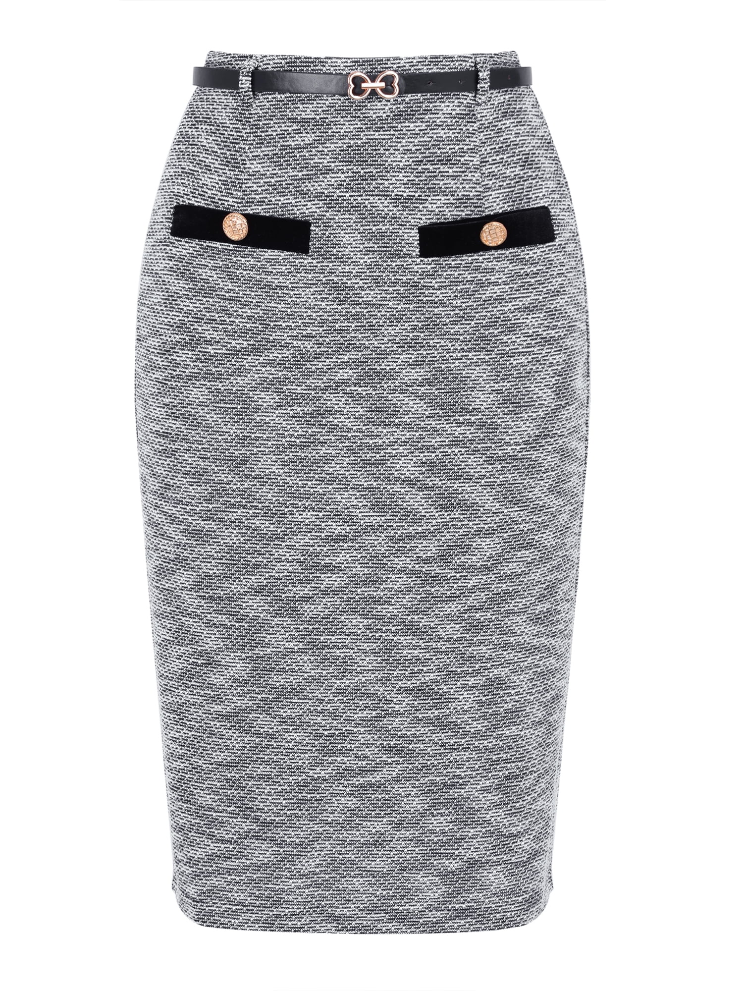 DARING DIVA Women's Knee Length Tweed Skirt with Belt Decor X-Small Black