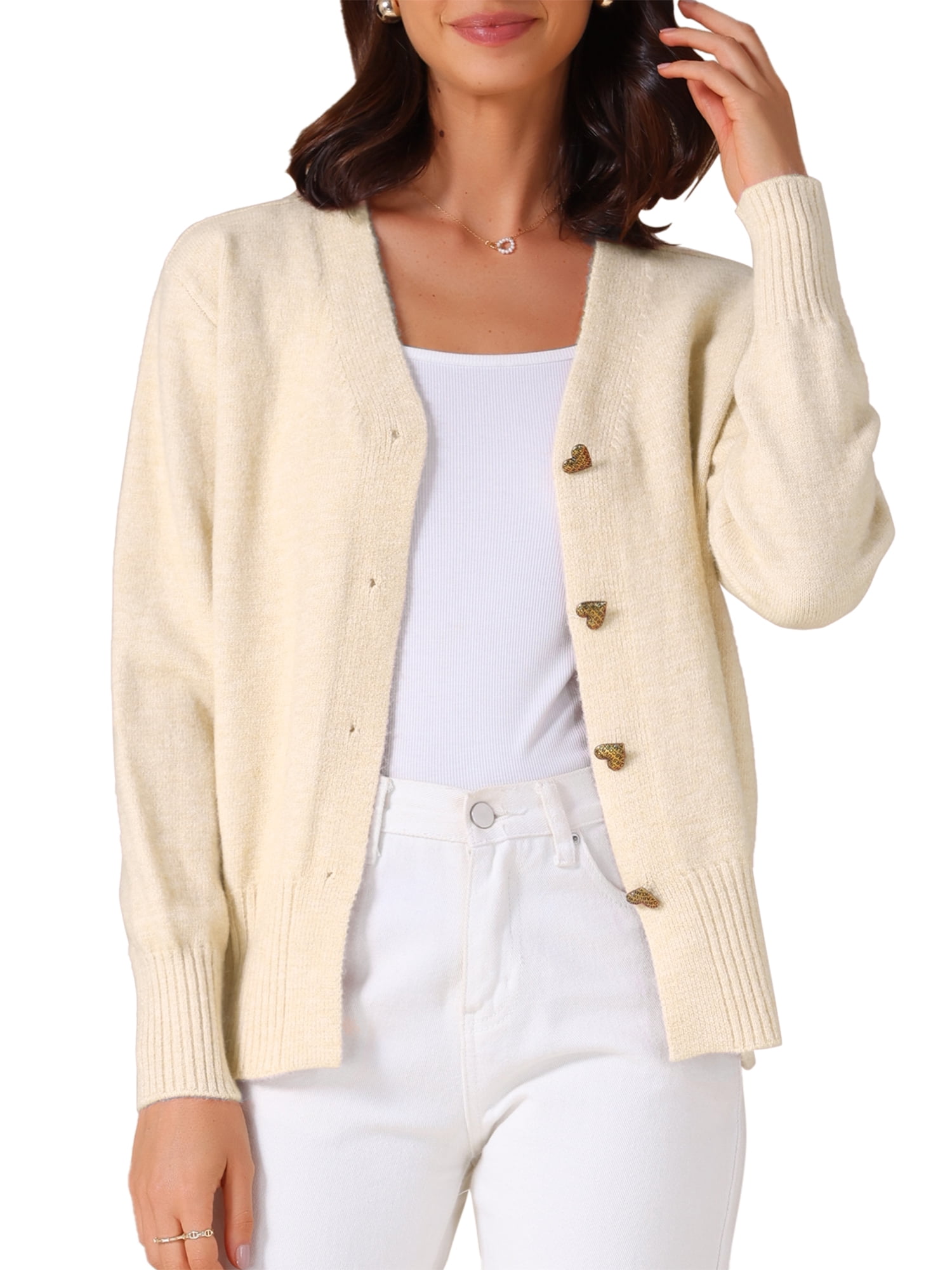 DARING DIVA Women's Knit Button Up Long Sleeve Casual Fall Cardigan M Beige
