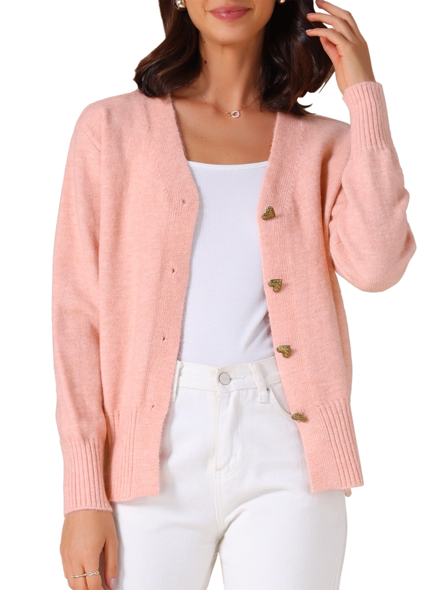 DARING DIVA Women's Knit Button Up Long Sleeve Casual Fall Cardigan M Pink