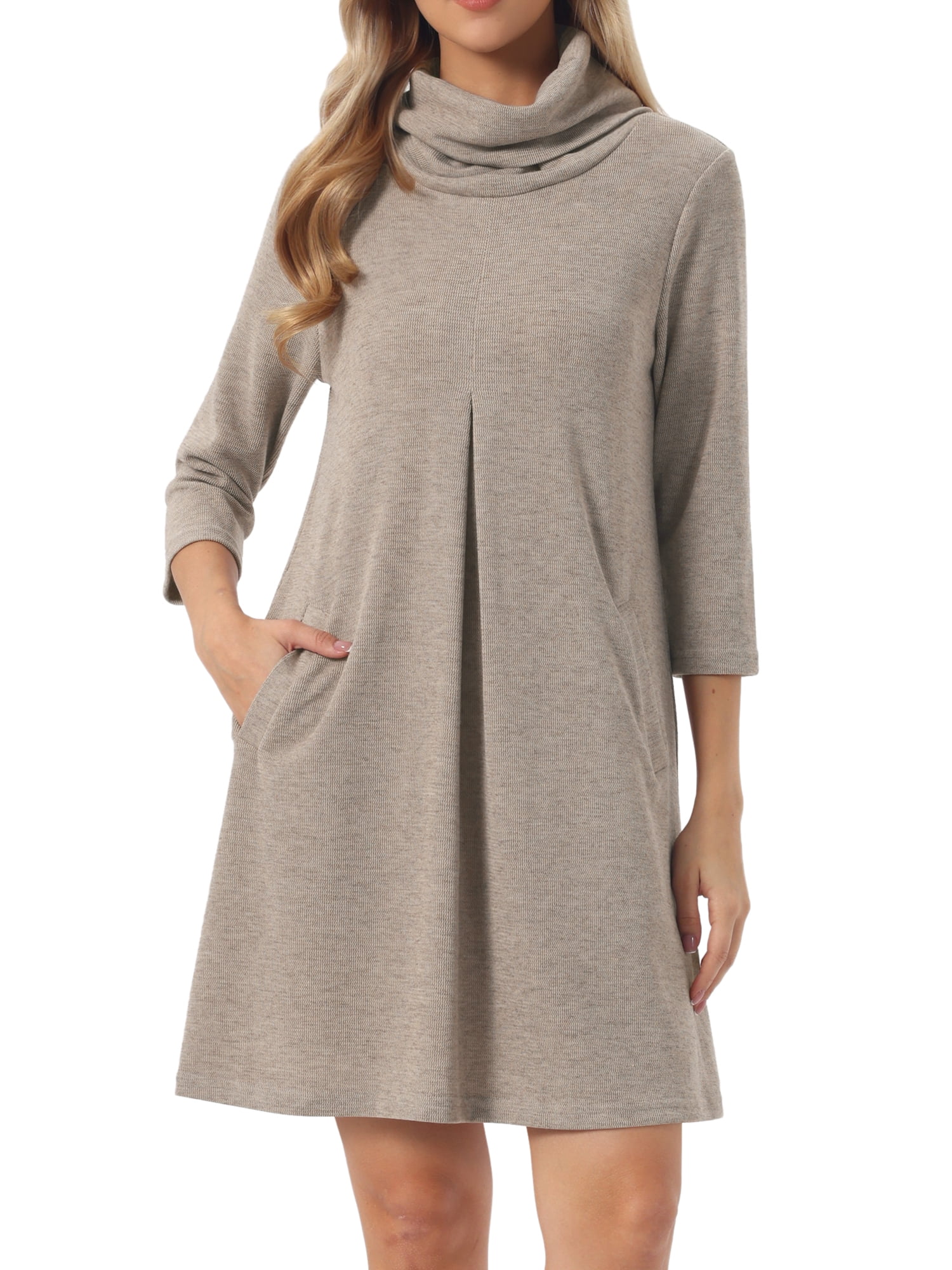DARING DIVA Women's Knit Dress Turtleneck Pullover Sweater Mini Dress L Khaki