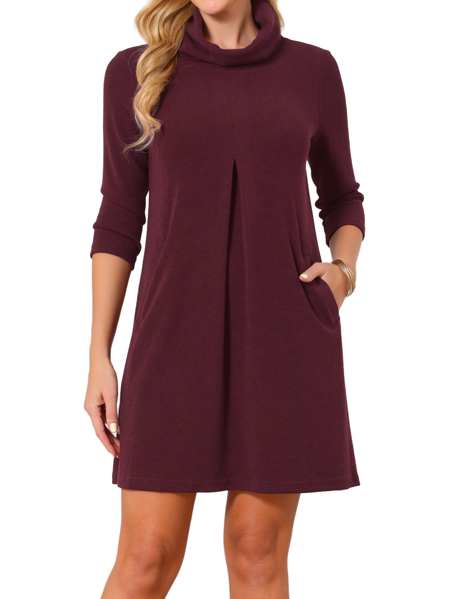 DARING DIVA Women's Knit Dress Turtleneck Pullover Sweater Mini Dress L Wine Red