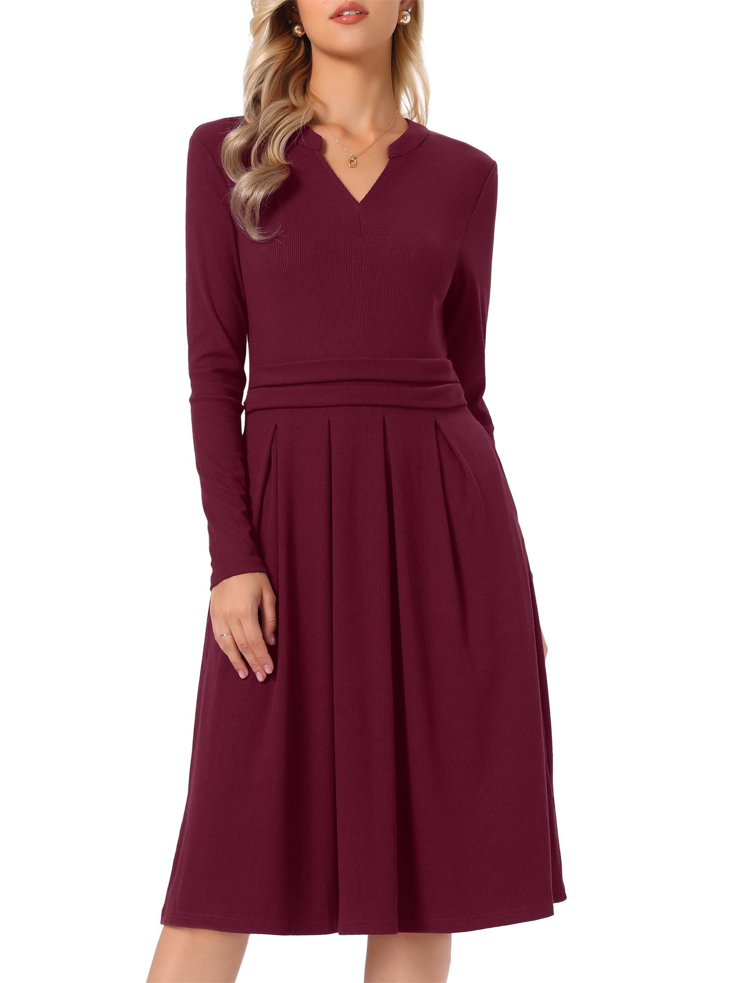 DARING DIVA Women's Knit Dress V Neck Stretchy Knee Length A-Line Dresses M Deep Red