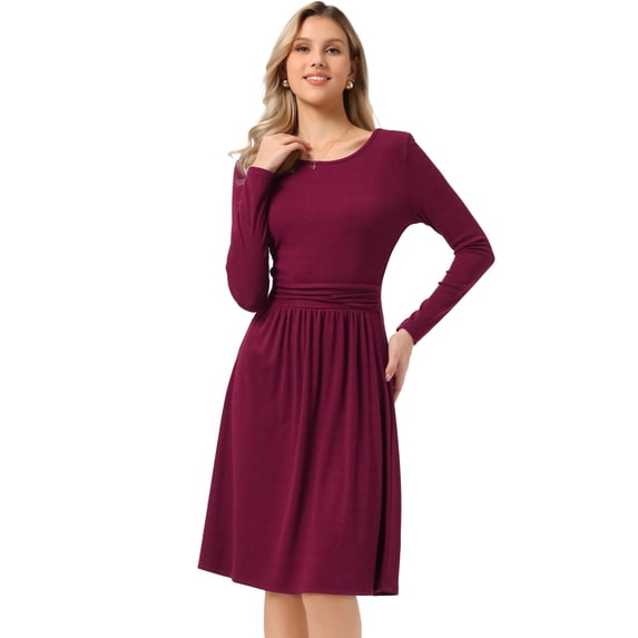 DARING DIVA Women's Knit Long Sleeve Crew Neck High Waist A-Line Dress XS Wine Red