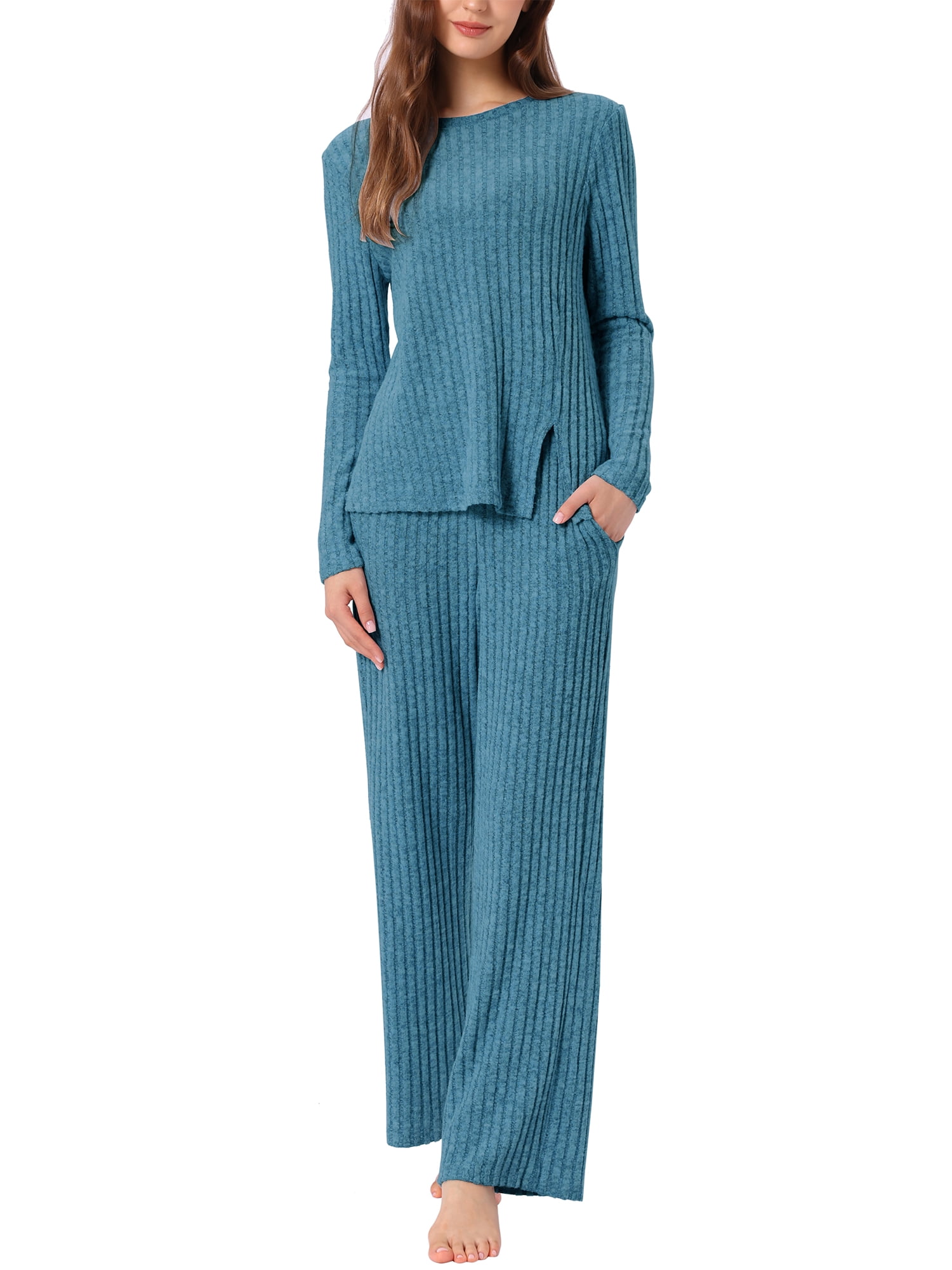 DARING DIVA Women's Knit Long Sleeve Ribbed Sleepwear Soft Crewneck Sets L Peacock Blue