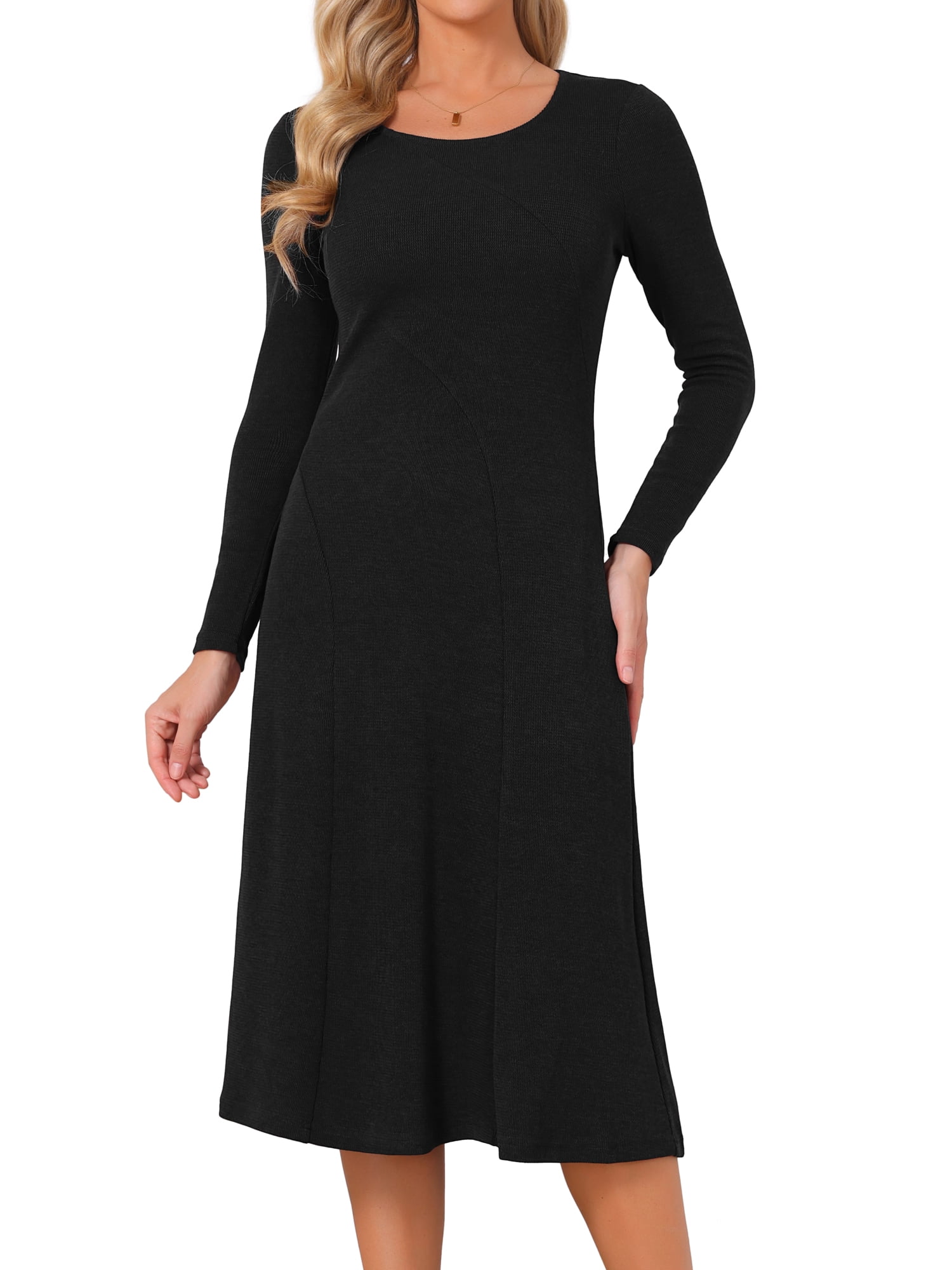 DARING DIVA Women's Knit Long Sleeve U Neck A Line Midi Dress S Black