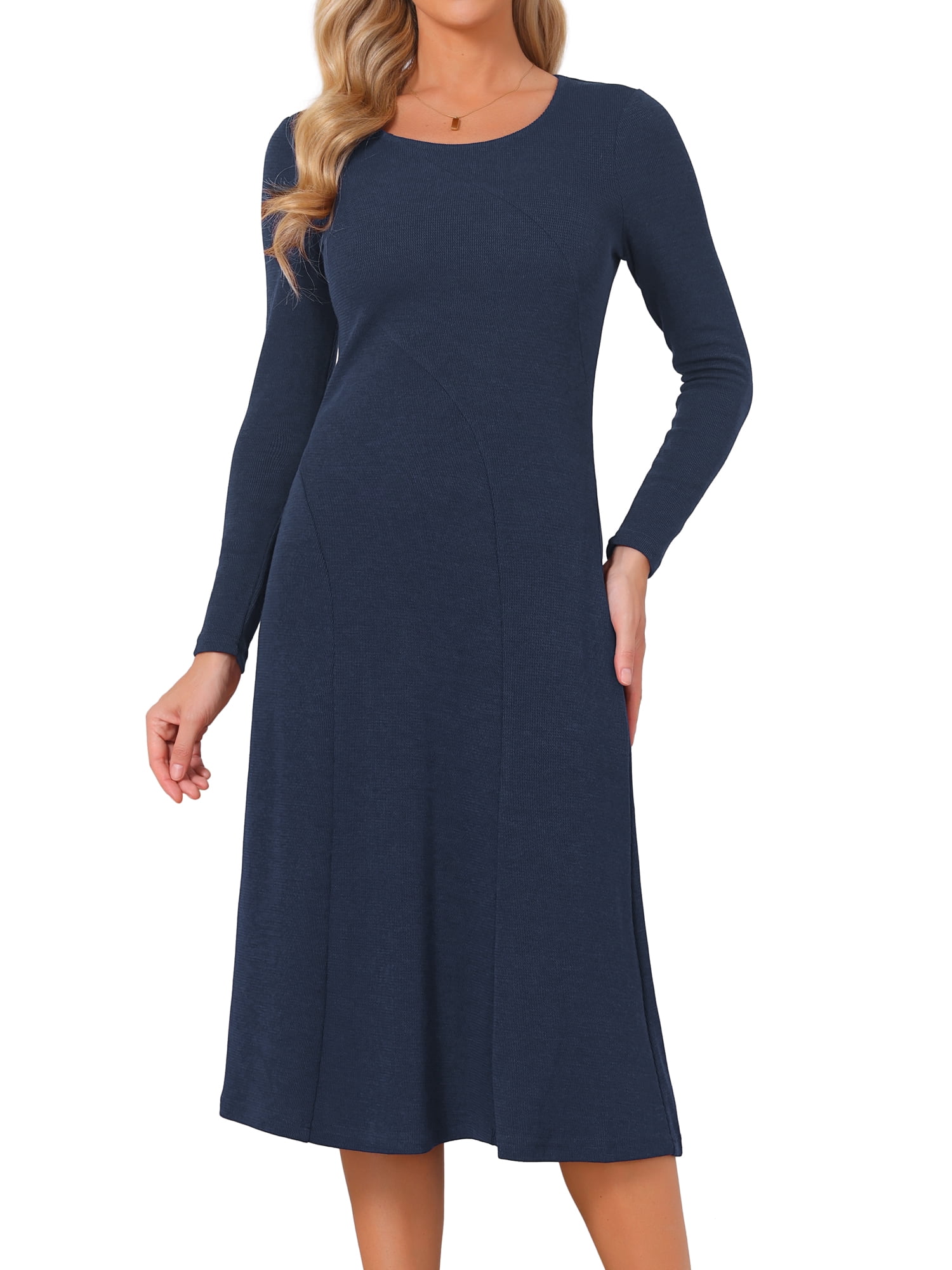 DARING DIVA Women's Knit Long Sleeve U Neck A Line Midi Dress S Dark Blue