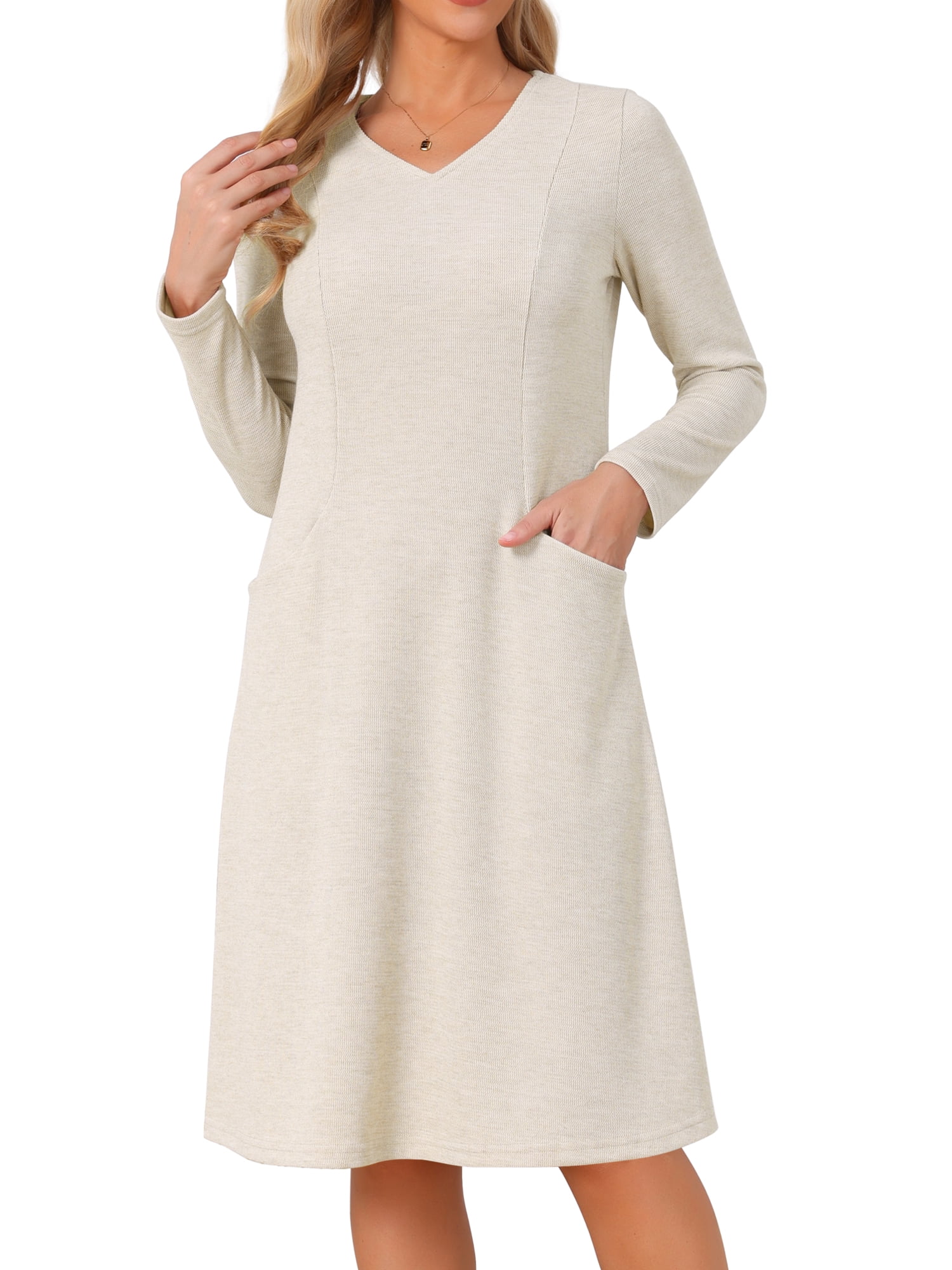 DARING DIVA Women's Knit Long Sleeve V Neck A-Line Midi Pockets Dress L Beige