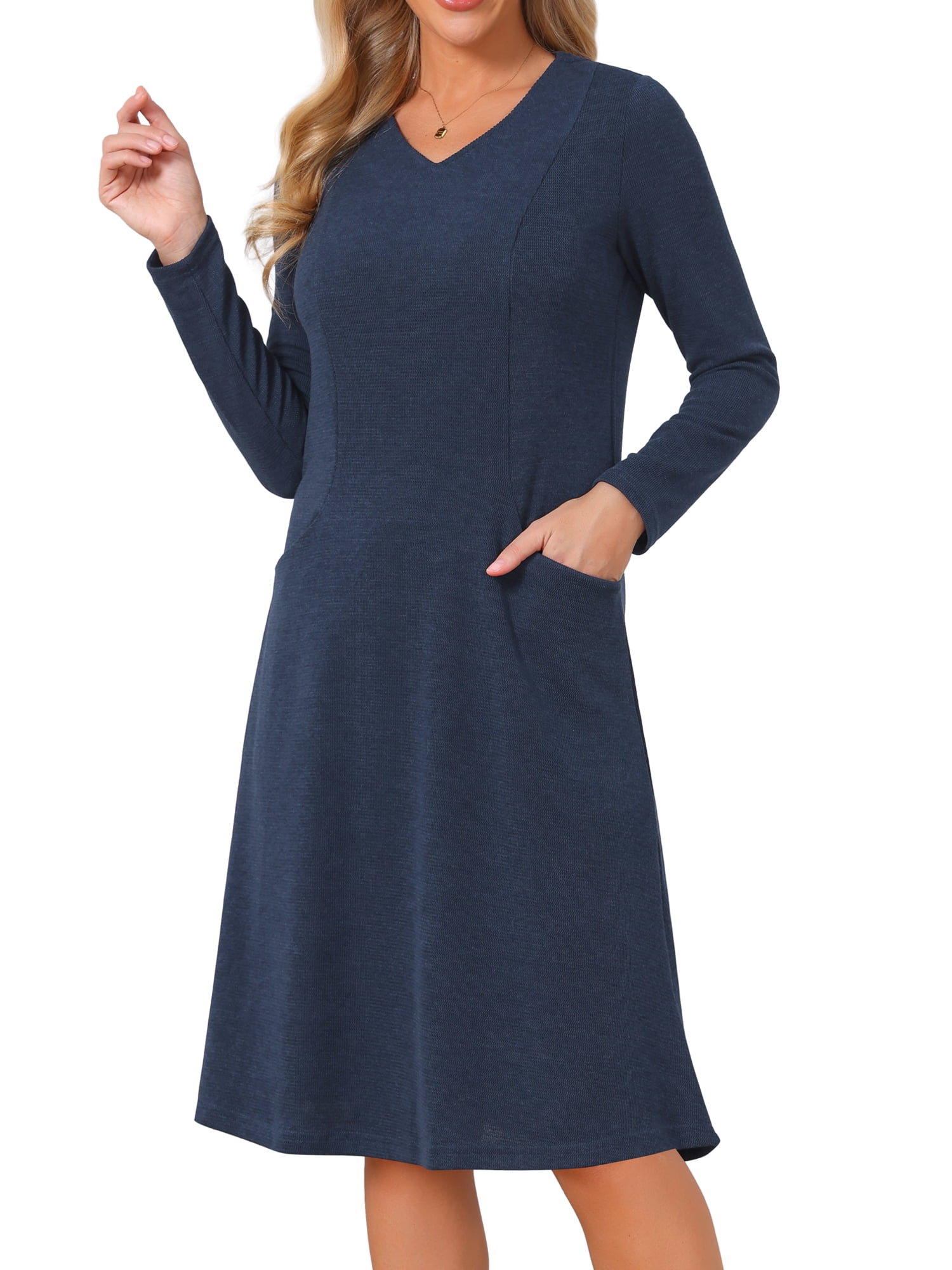 DARING DIVA Women's Knit Long Sleeve V Neck A-Line Midi Pockets Dress S Dark Blue