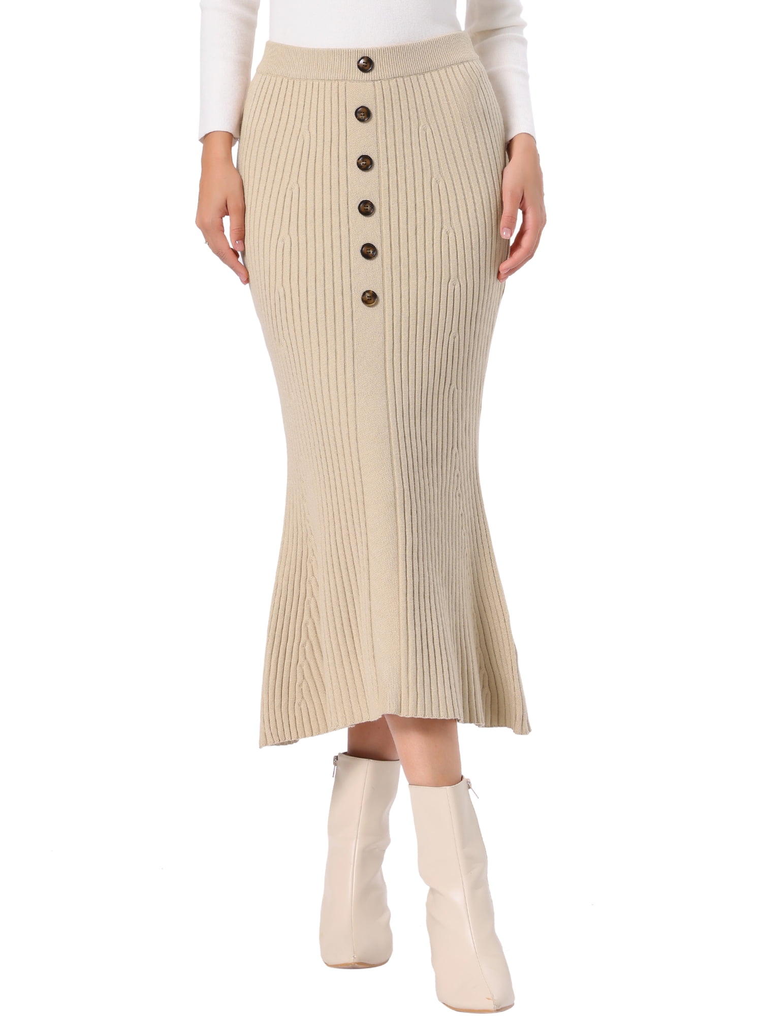 DARING DIVA Women's Knit Maxi Skirt Elastic Waist Ribbed Fishtail Skirt L Apricot