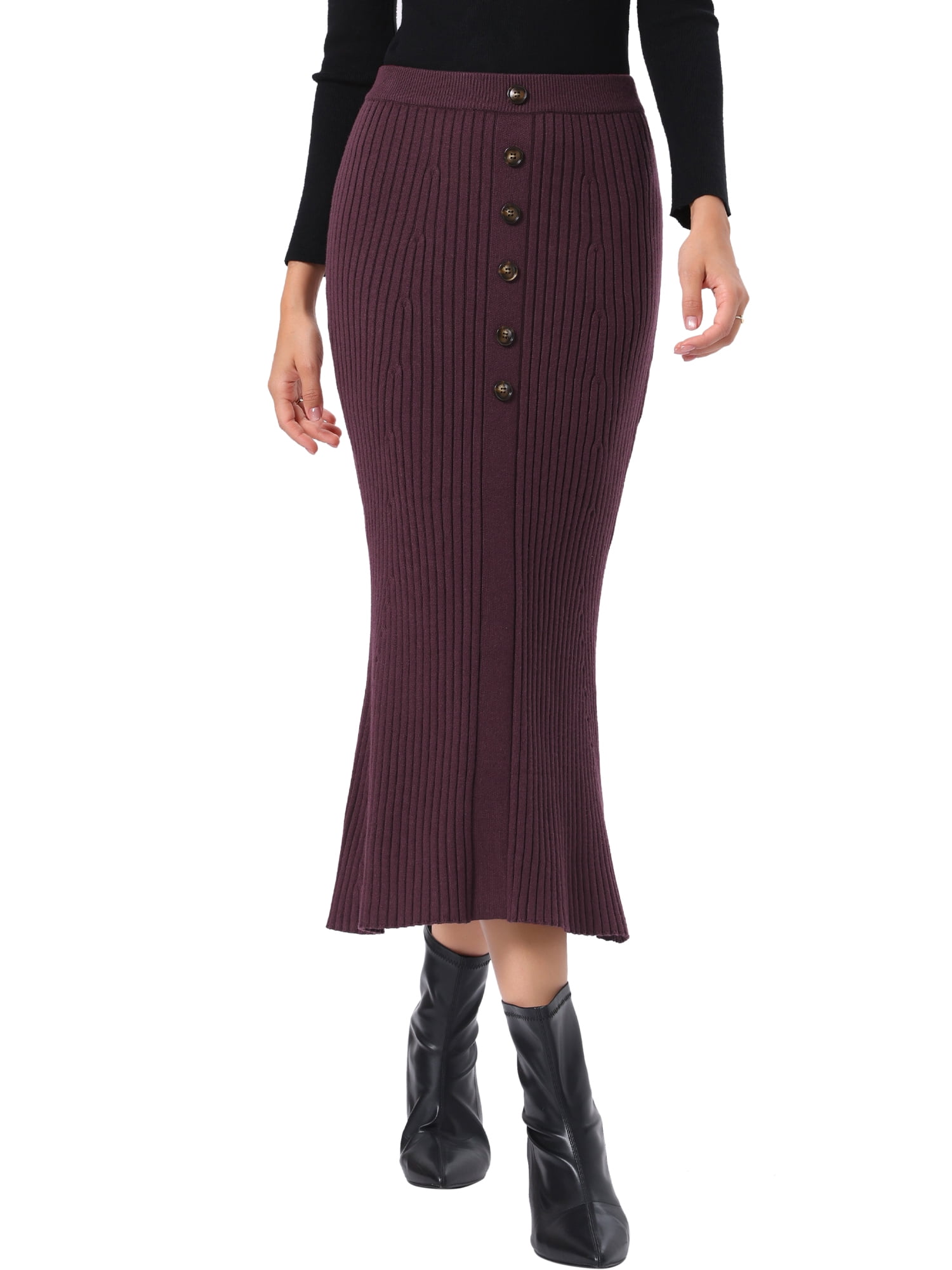 DARING DIVA Women's Knit Maxi Skirt Elastic Waist Ribbed Fishtail Skirt S Deep Purple Red