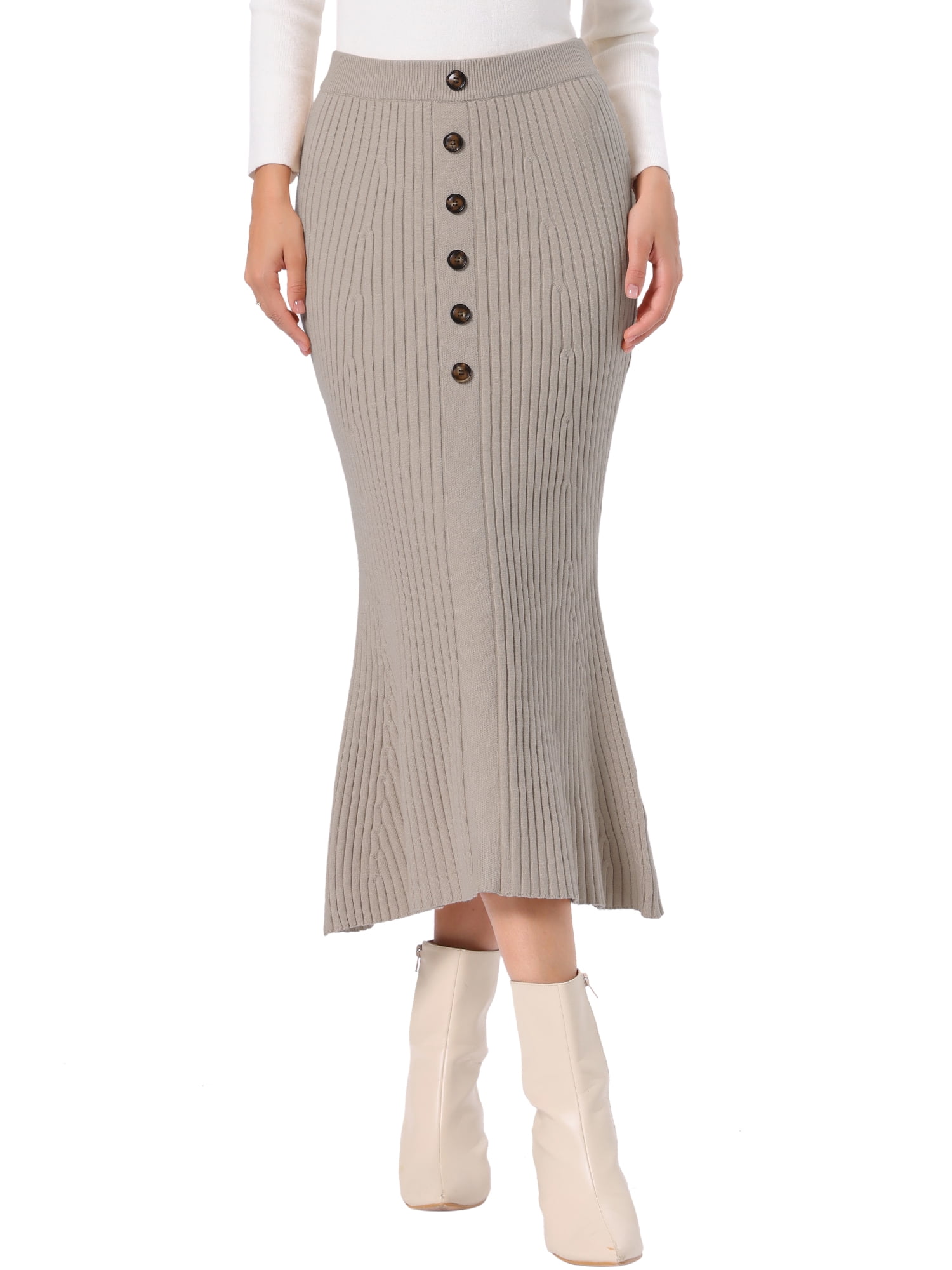 DARING DIVA Women's Knit Maxi Skirt Elastic Waist Ribbed Fishtail Skirt S Khaki