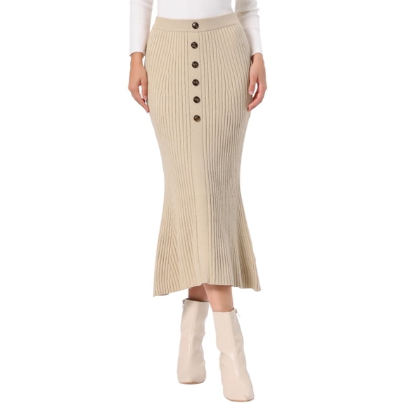DARING DIVA Women's Knit Maxi Skirt Elastic Waist Ribbed Fishtail Skirt XS Apricot