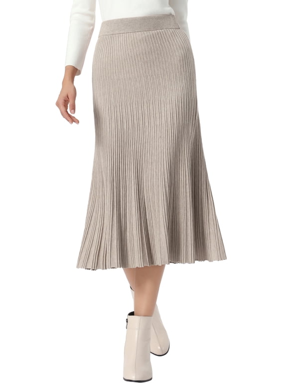 Women's Knit Midi Skirt Elastic Soft Striped Pleated Skirt M Camel