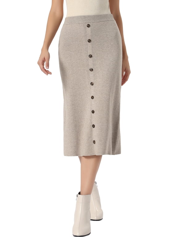 Women's Knit Midi Skirt Waist A-Line Button Decor Ribbed Skirt L Camel
