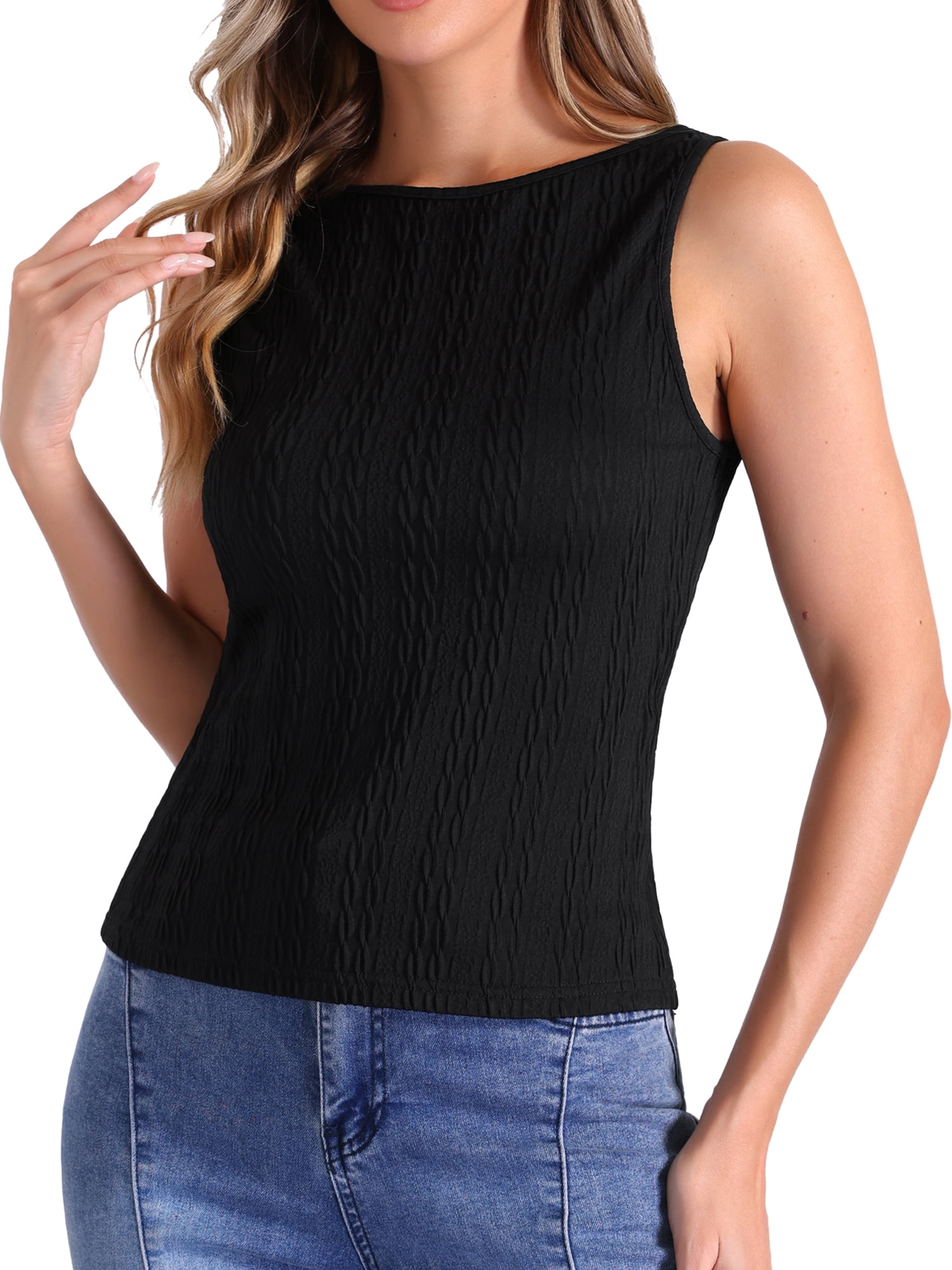 DARING DIVA Women's Knit Sleeveless Boat Neck Fitted Textured Tank Top S Black