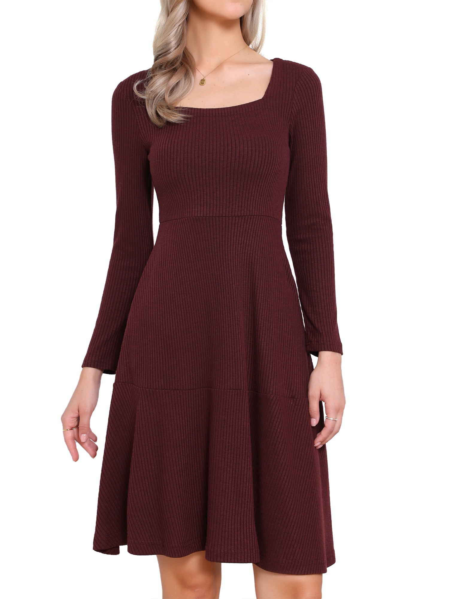 DARING DIVA Women's Knit Sweater Casual Square Neck Long Sleeve Dress S Deep Red