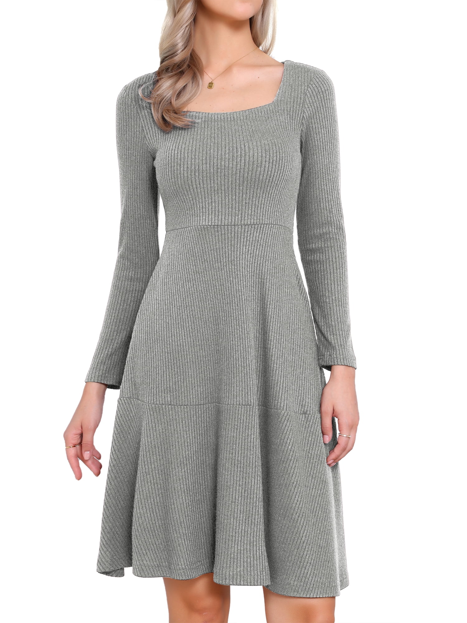 DARING DIVA Women's Knit Sweater Casual Square Neck Long Sleeve Dress S Grey