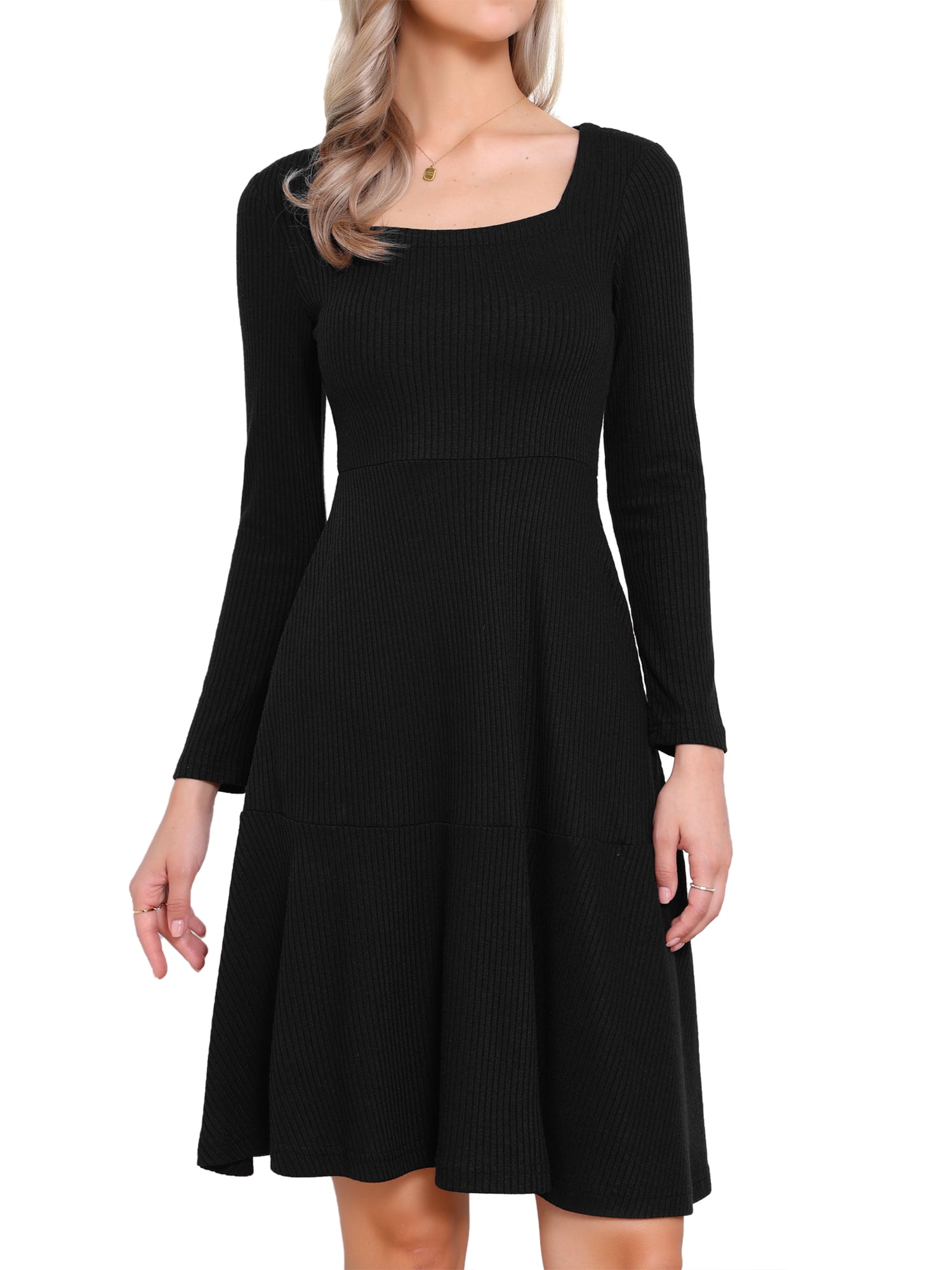 DARING DIVA Women's Knit Sweater Casual Square Neck Long Sleeve Dress XL Black