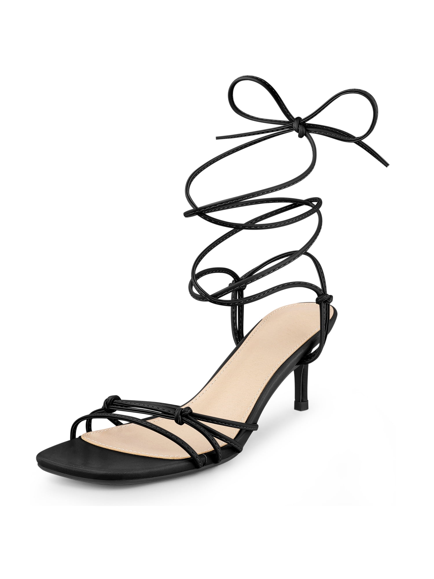 DARING DIVA Women's Knot Lace Strappy Square Toe Kitten Heel Sandals Black 7