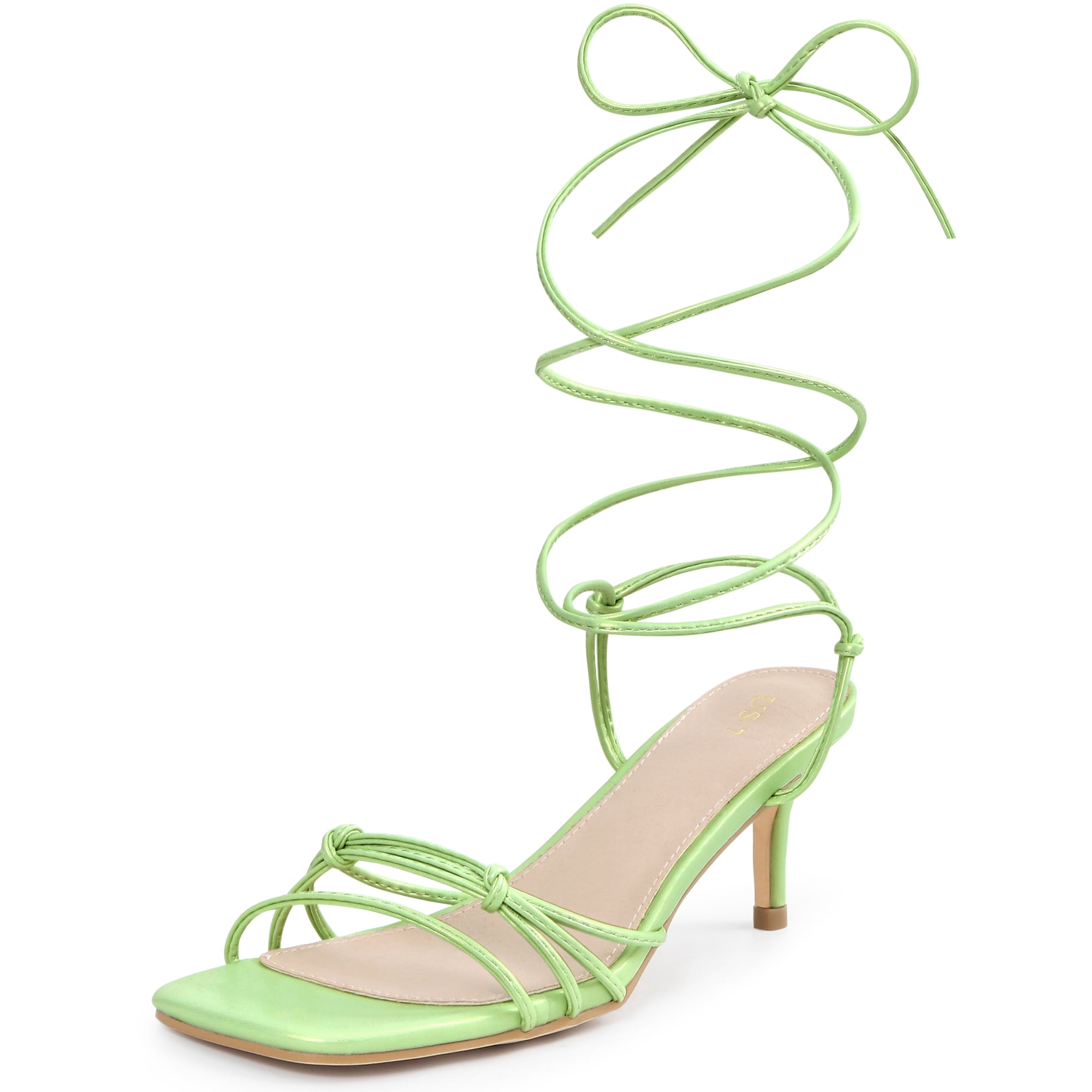DARING DIVA Women's Knot Lace Strappy Square Toe Kitten Heel Sandals Fluorescent Green 7