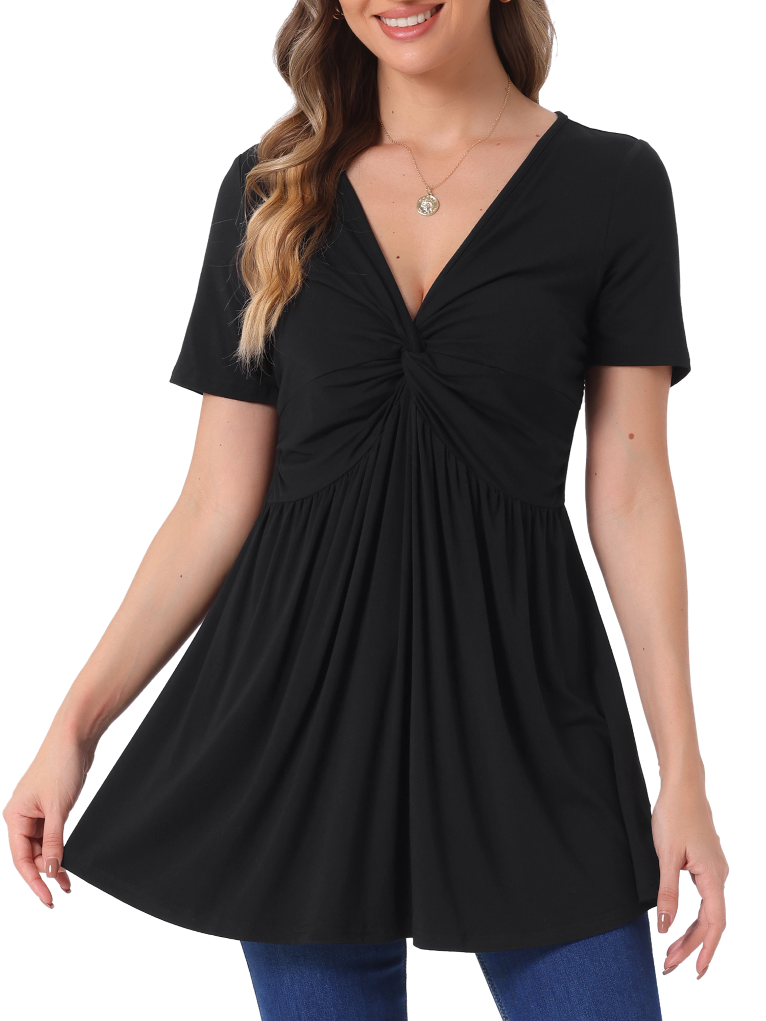DARING DIVA Women's Knotted V Neck Blouse Summer Short Sleeve Tunic Tops Black XS