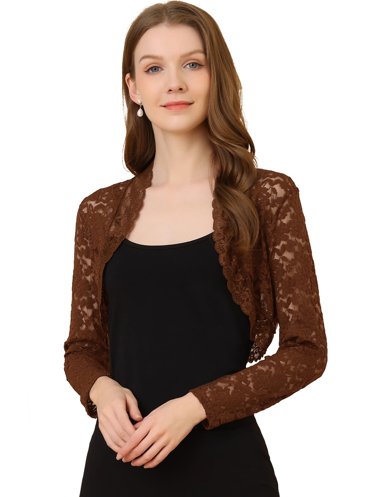 DARING DIVA Women's Lace Bolero Shrugs Sheer Crop Cardigan L Brown