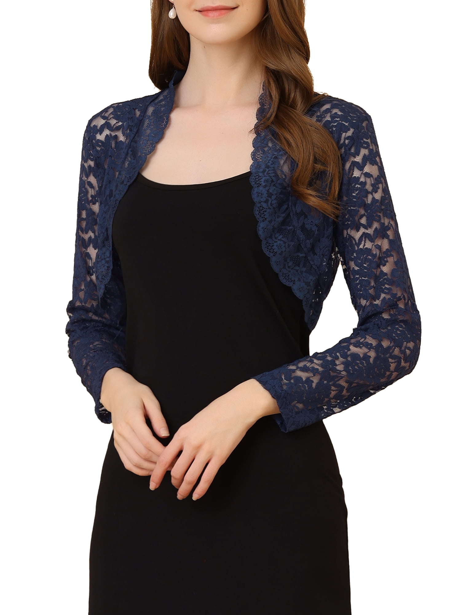 DARING DIVA Women's Lace Bolero Shrugs Sheer Crop Cardigan L Dark Blue