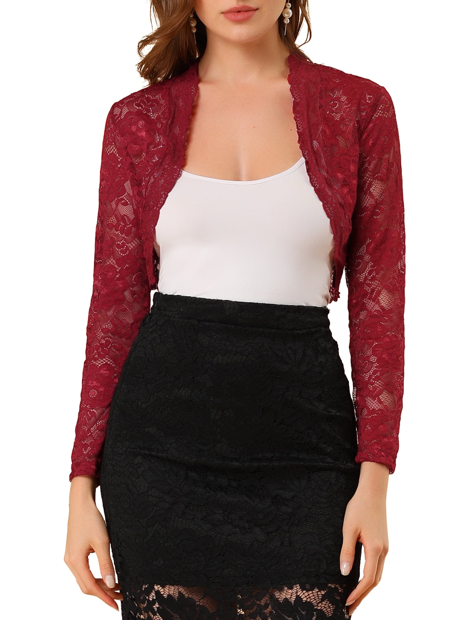 DARING DIVA Women's Lace Bolero Shrugs Sheer Crop Cardigan S Dark Red