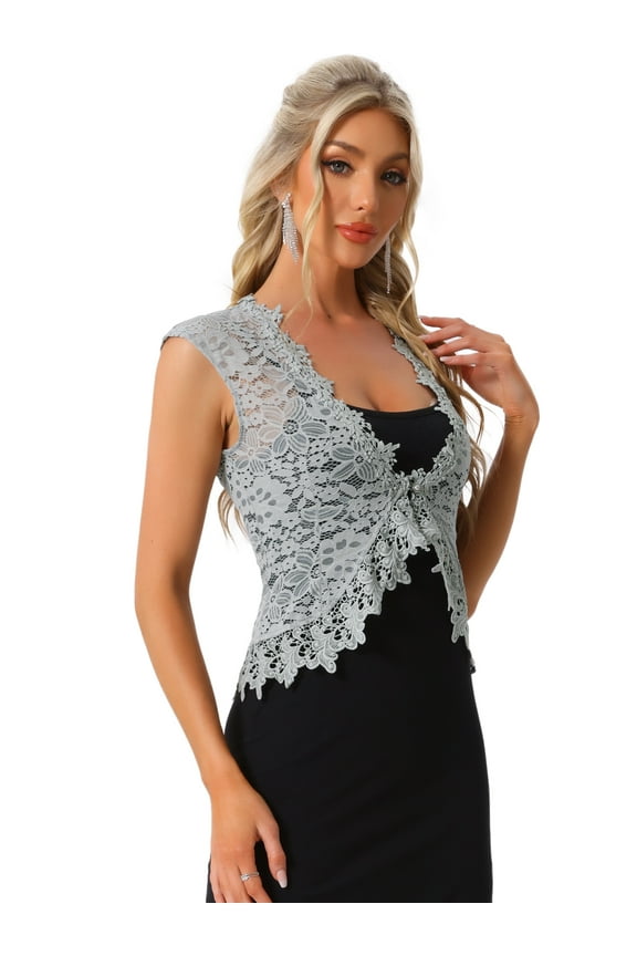 Women's Lace Cap Sleeves Cardigan Floral Shrug L Grey